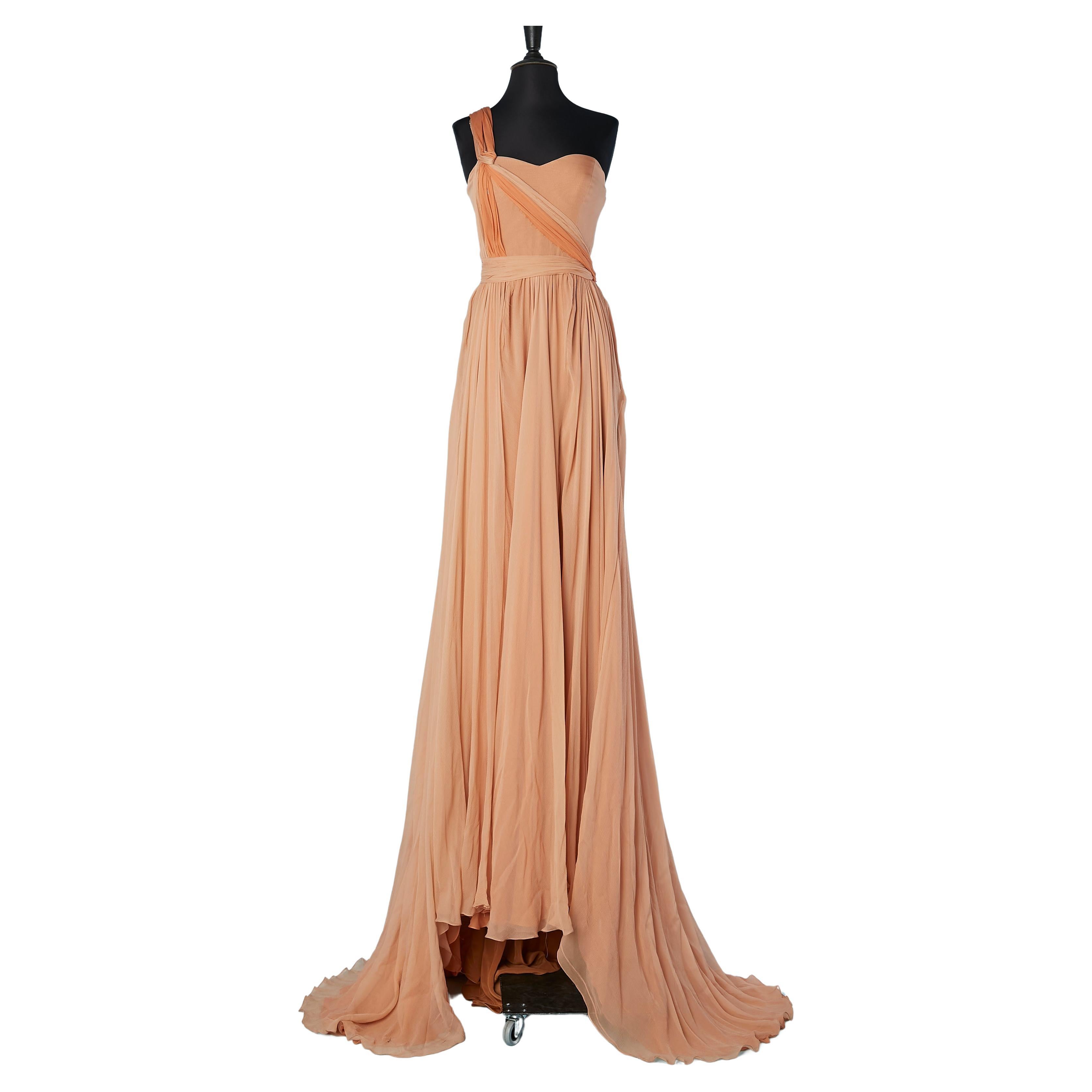 Bicolore blush and orange bustier and asymmetrical evening dress Lorena Sarbu  For Sale