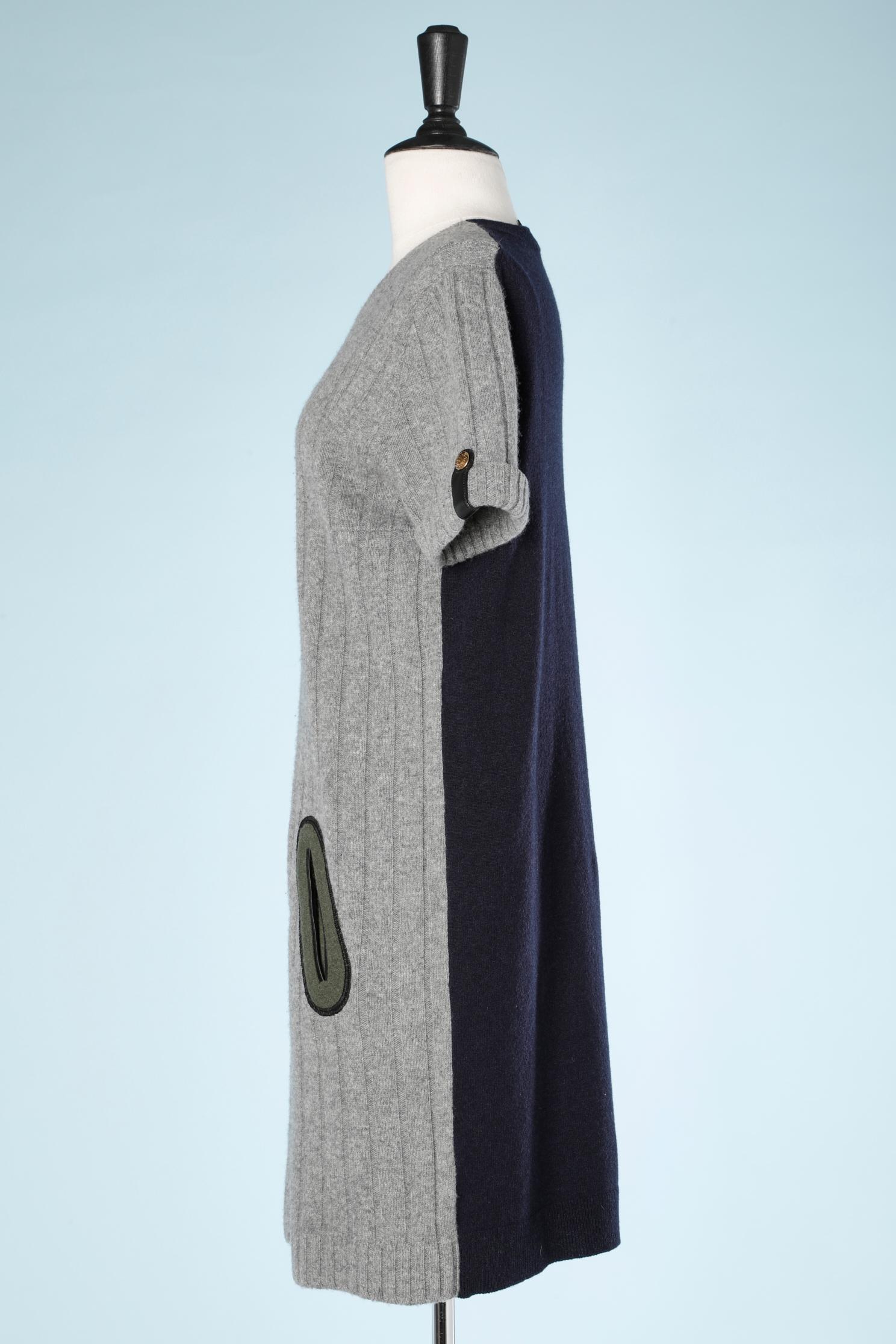 Vestido de punto bicolor gris y azul marino con detalles de piel Louis Vuitton en Excelente estado para la venta en Saint-Ouen-Sur-Seine, FR