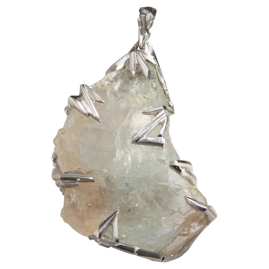 Bicolor Topaz Pendant White Gold Natural Slice Blue Gemstone amulet For Sale