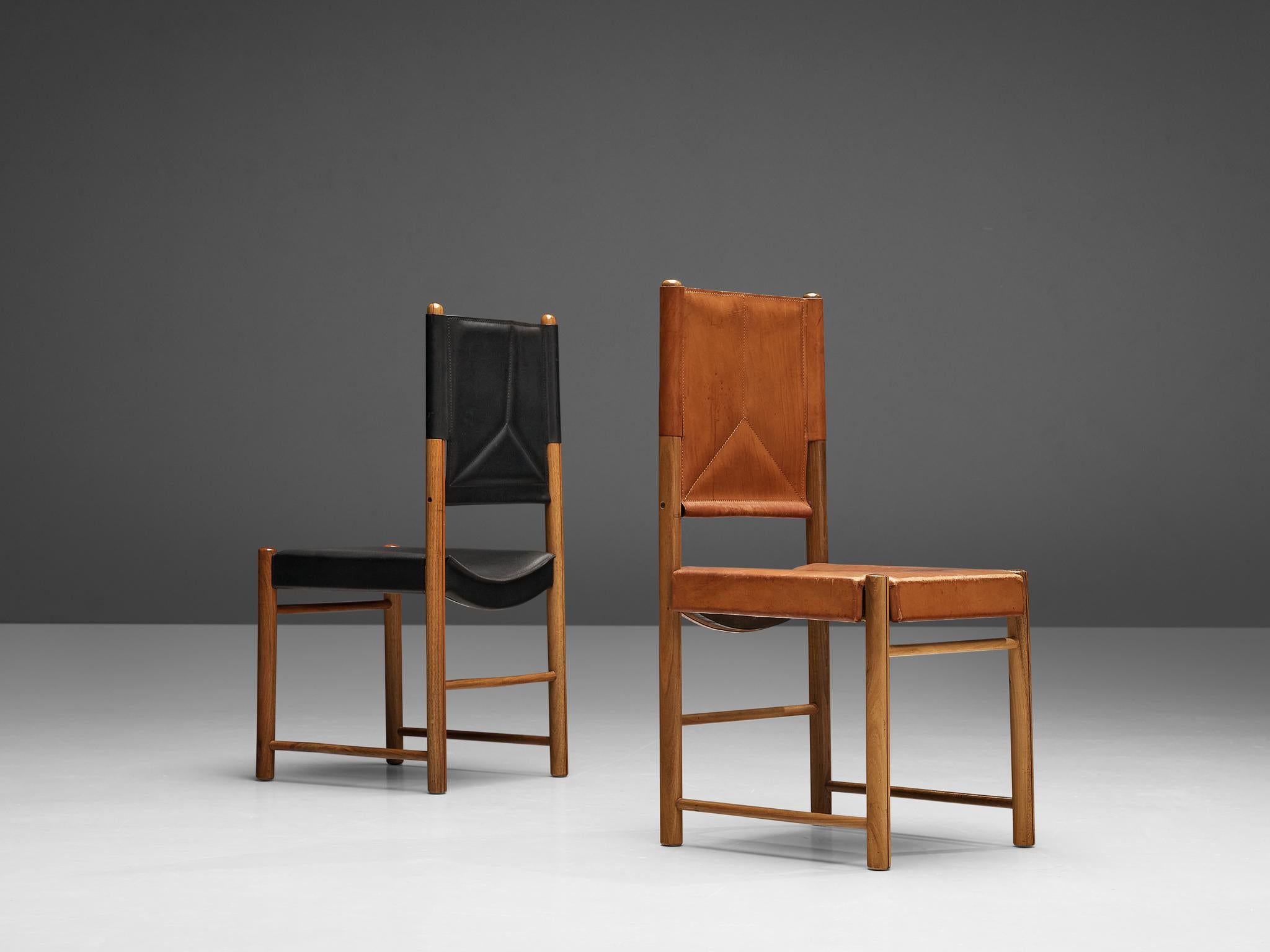 Post-Modern Bicolored Set of Six Italian Dining Chairs in Black and Cognac Leather