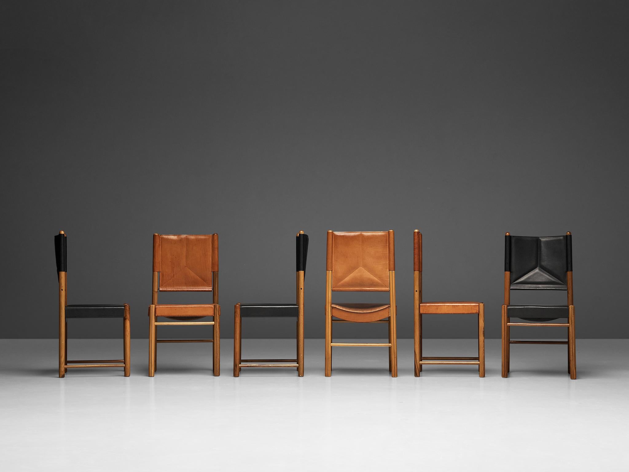 Bicolored Set of Six Italian Dining Chairs in Black and Cognac Leather 1