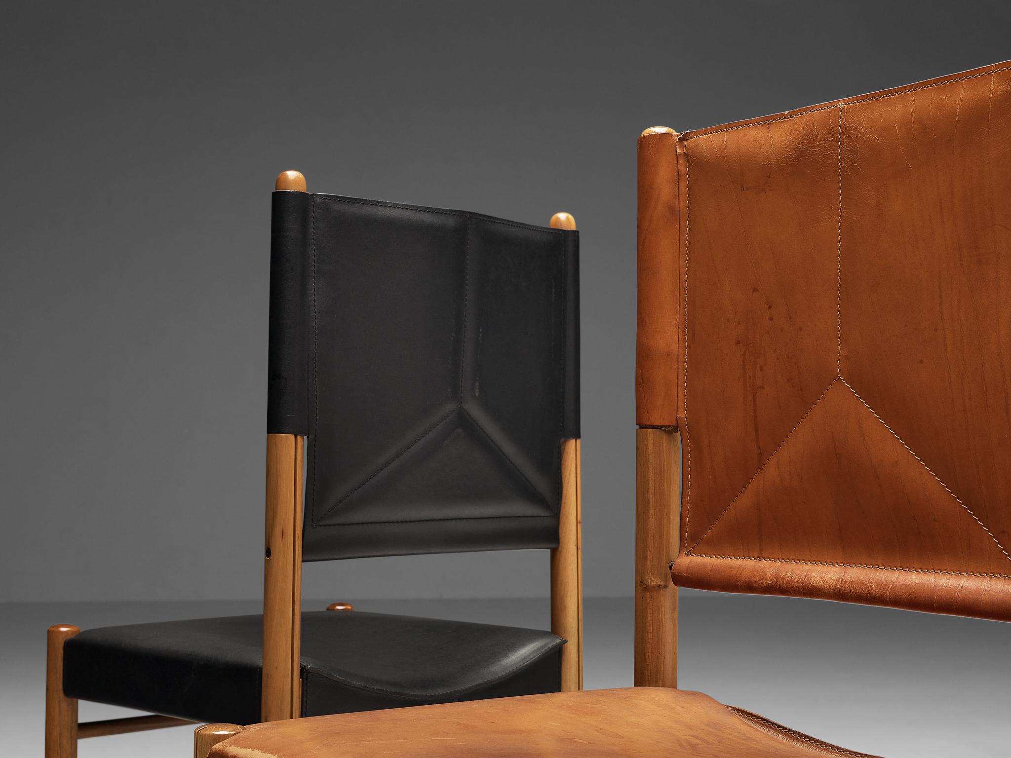 Bicolored Set of Six Italian Dining Chairs in Black and Cognac Leather 2