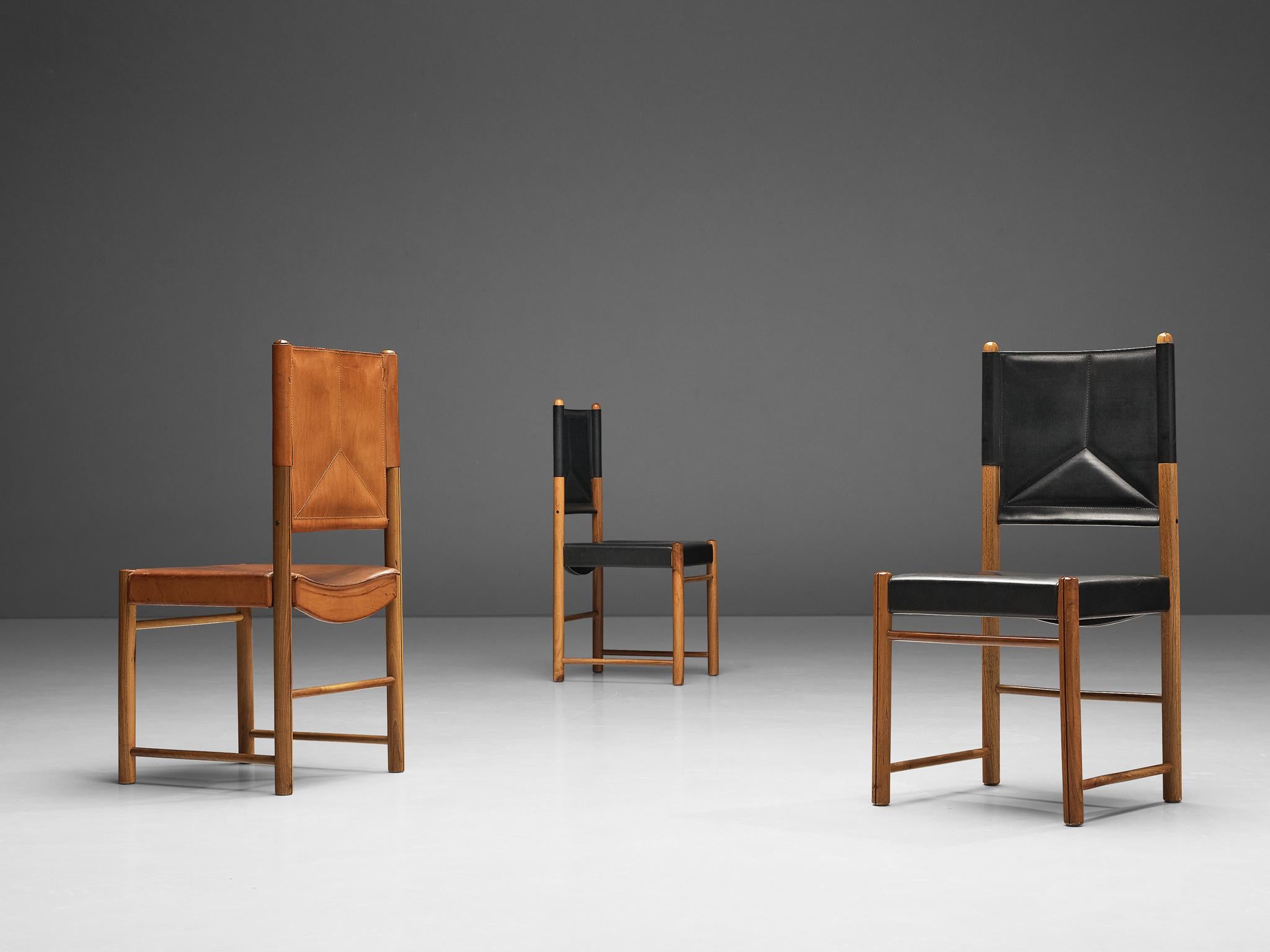 Bicolored Set of Six Italian Dining Chairs in Black and Cognac Leather 3
