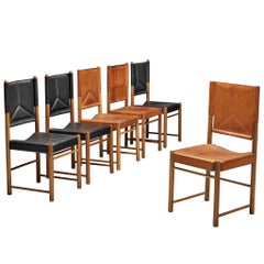 Bicolored Set of Six Italian Dining Chairs in Black and Cognac Leather