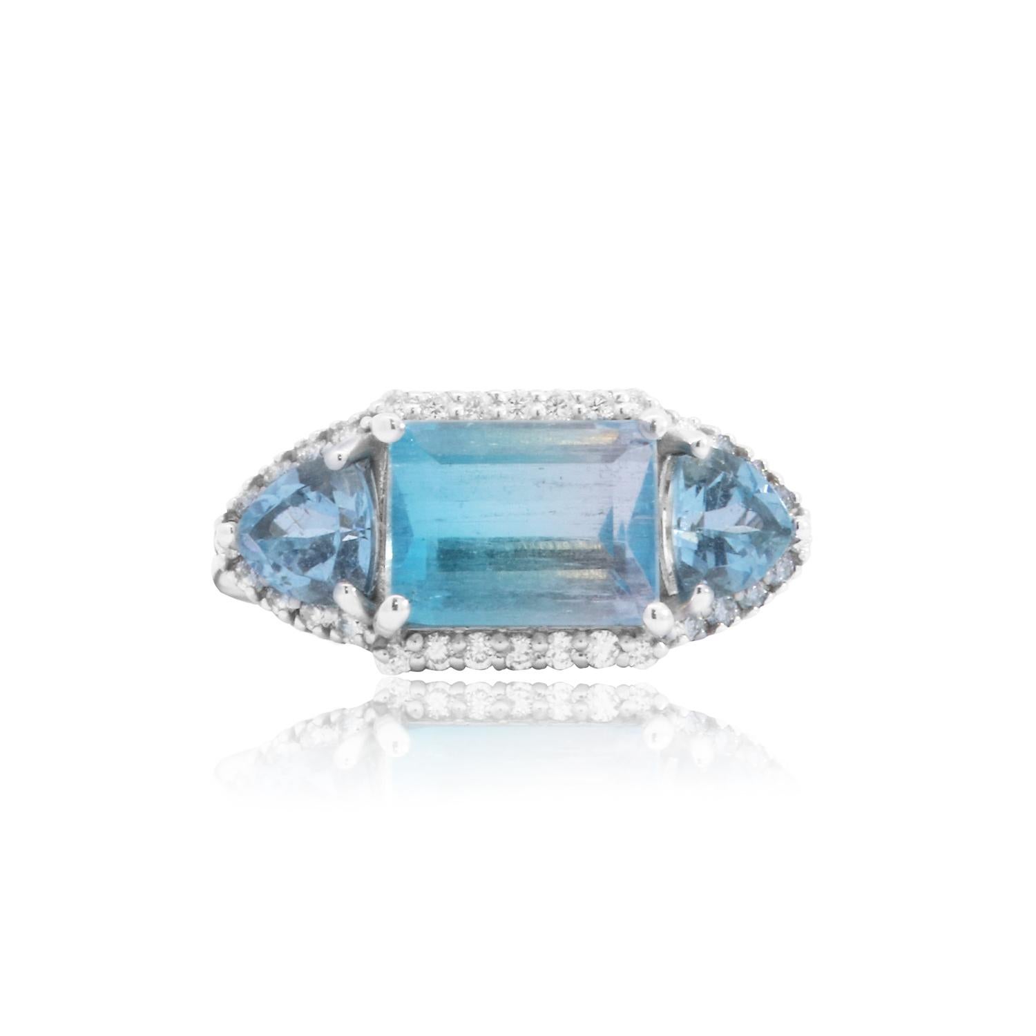 Contemporary Bicolored Tourmaline and Aquamarine Emerald Cut Diamond Ring 14K White Gold For Sale