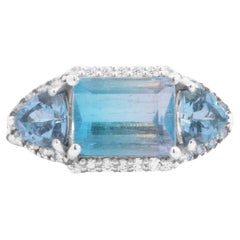 Bicolored Tourmaline and Aquamarine Emerald Cut Diamond Ring 14K White Gold