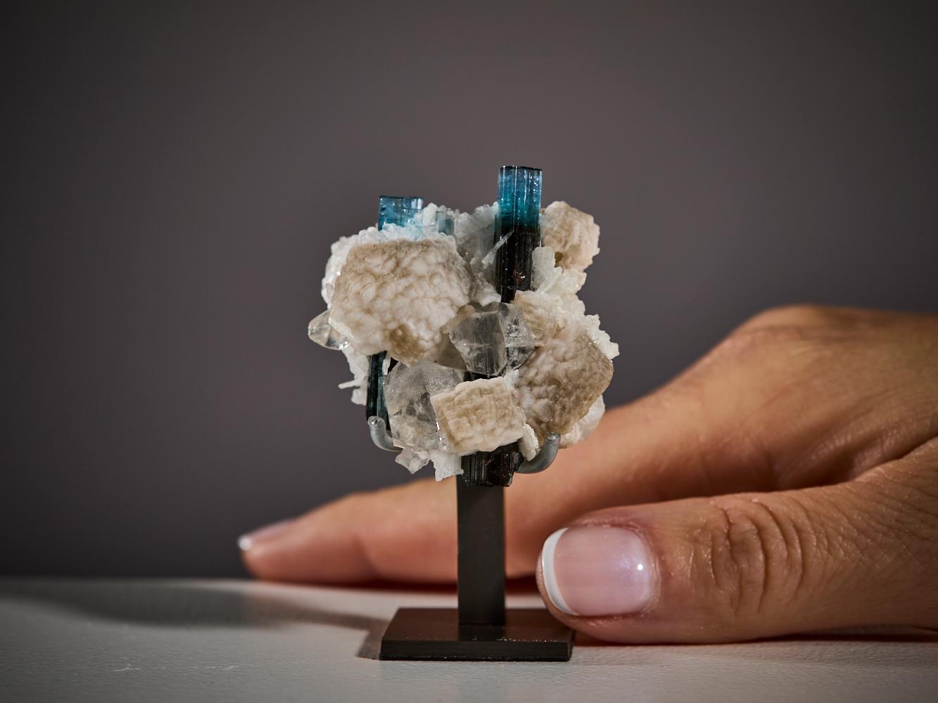 Uno straordinario esemplare che presenta allineamenti verticali, di qualità gemmologica
tormalina elbaite bicolore che si erge attraverso una matrice scultorea di lamelle
cleavelandite bianca e quarzo vetroso.

Questo pezzo, proveniente dalle