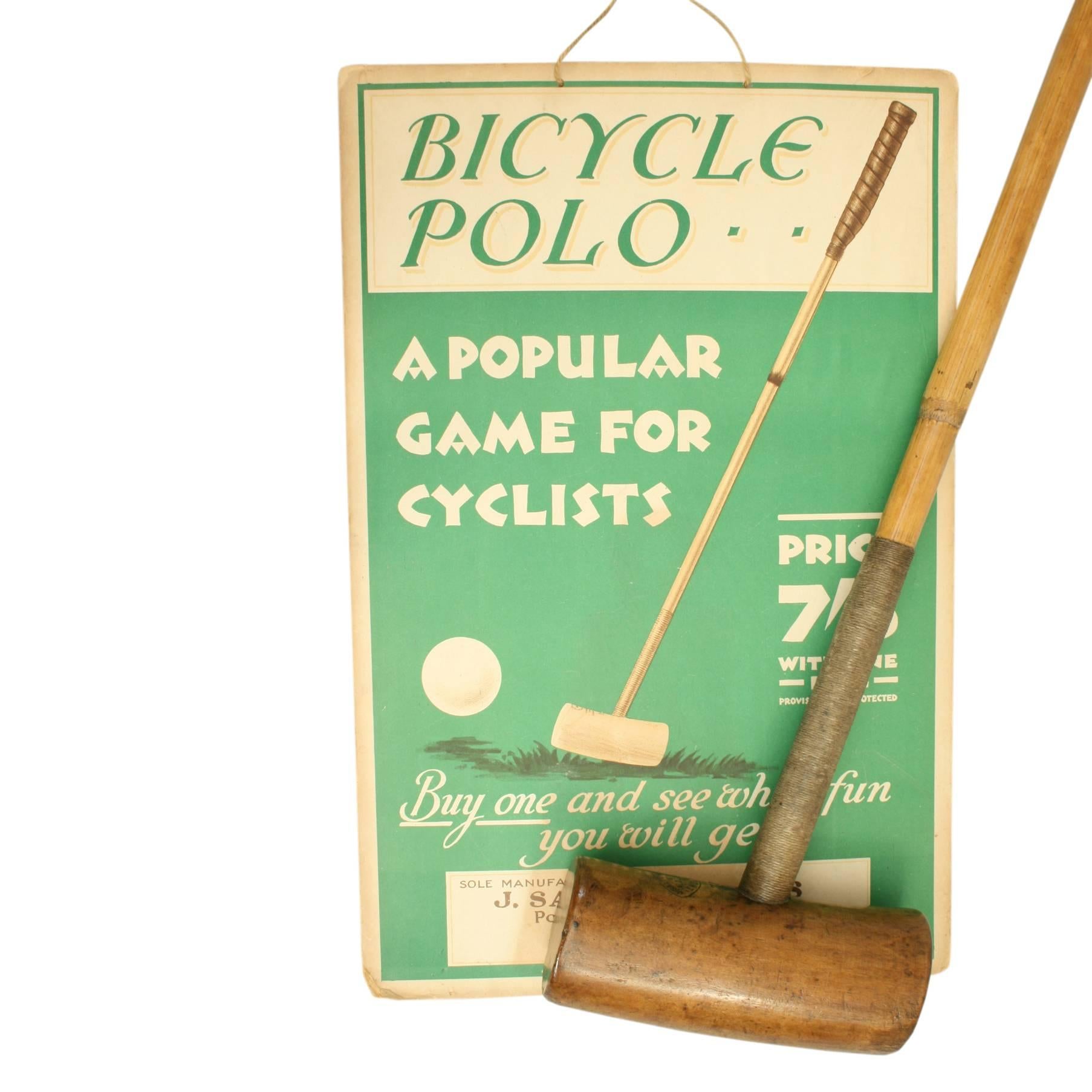 Salter & Sons Bicycle Polo Advert and Mallet, Aldershot.
A wonderful striking bicycle polo poster by J. Salter & Sons of Aldershot. They proudly announce on their advertisement that they are the 'sole makers for bicycle polo sticks' and it is 'a