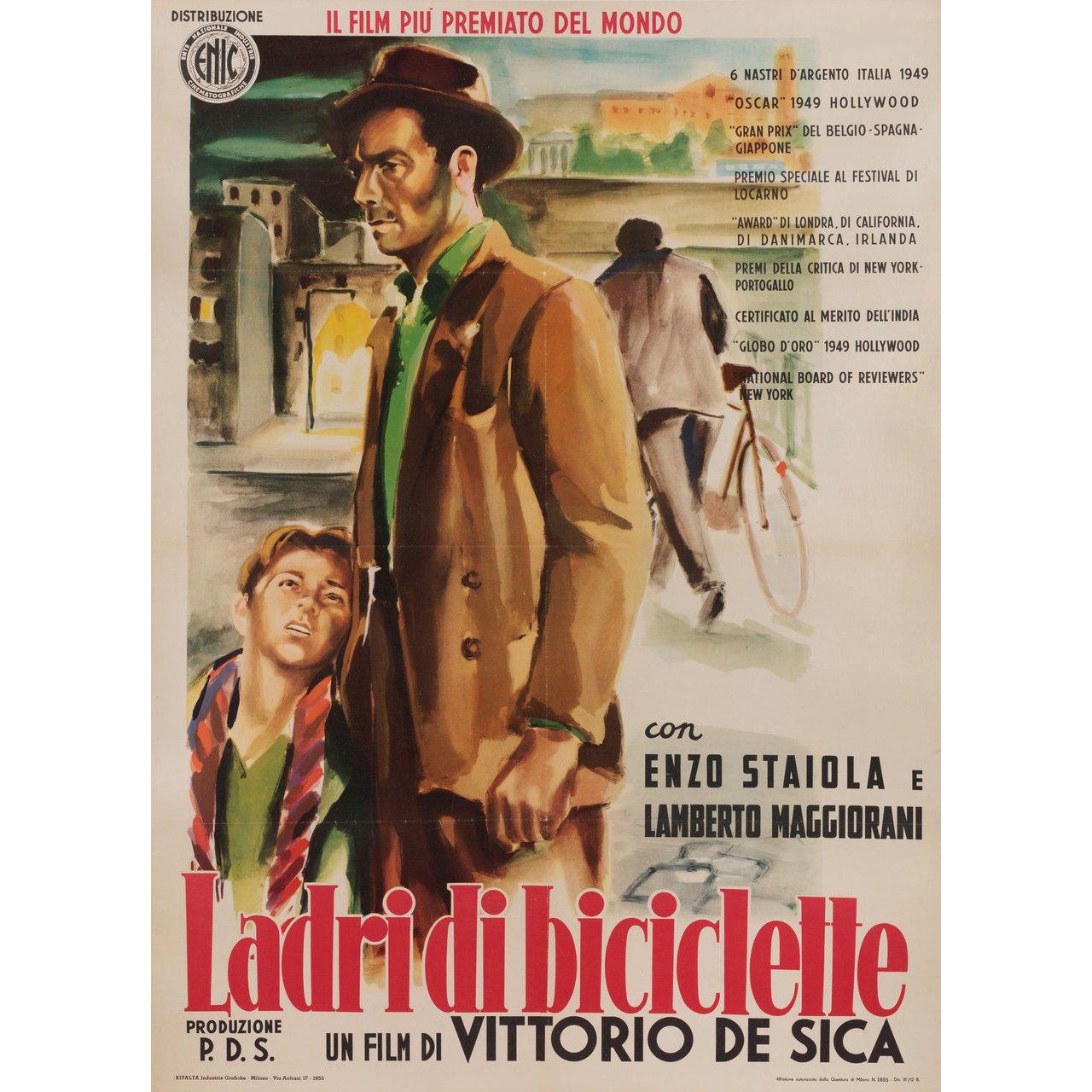 Original 1955 re-release Italian due fogli poster for the 1948 film Bicycle Thieves (Ladri di biciclette) directed by Vittorio De Sica with Lamberto Maggiorani / Enzo Staiola / Lianella Carell / Gino Saltamerenda. Fine condition, linen-backed. This