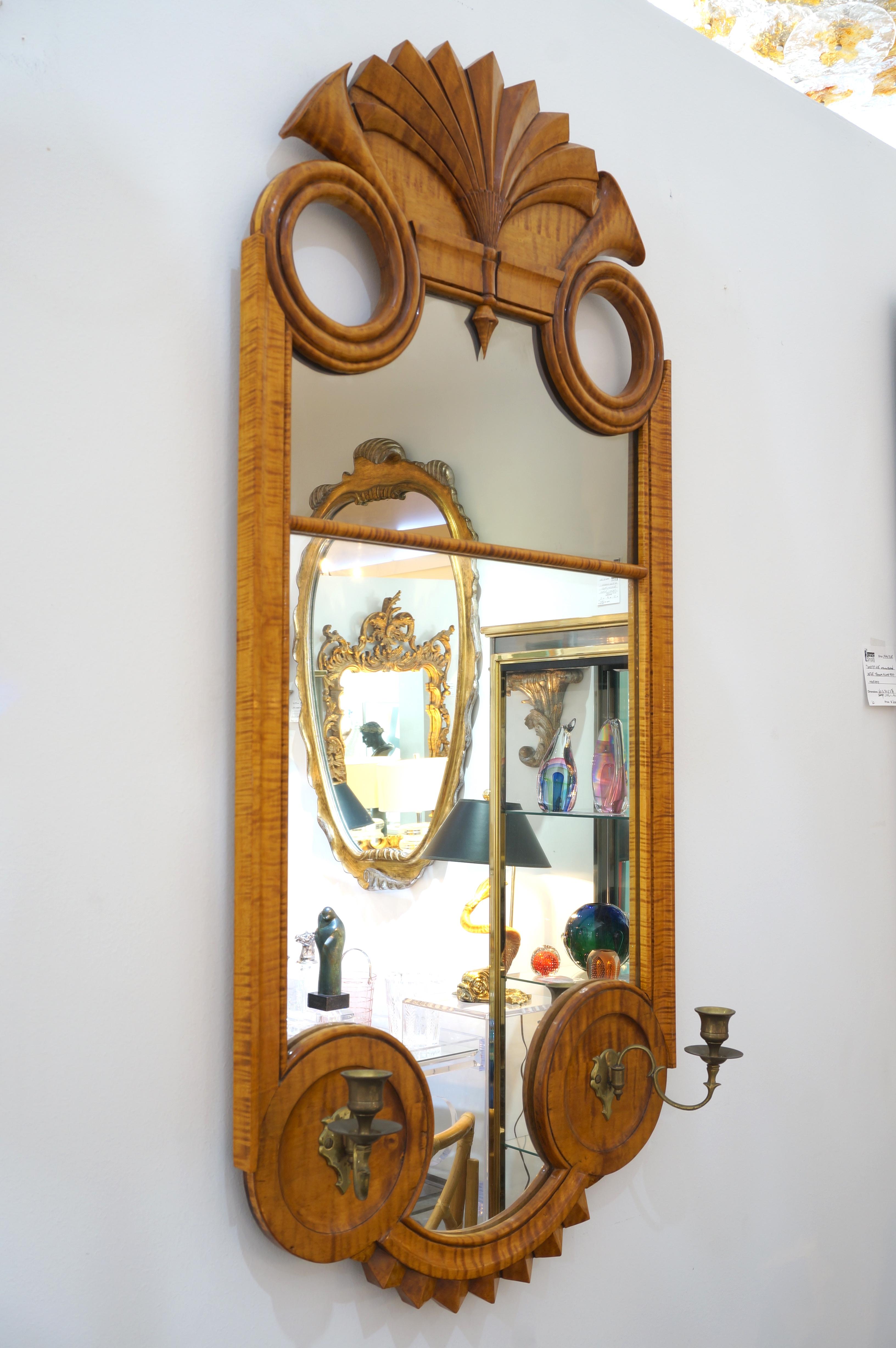 Brass Bidermeire Style Wall Mirror in Tiger Maple