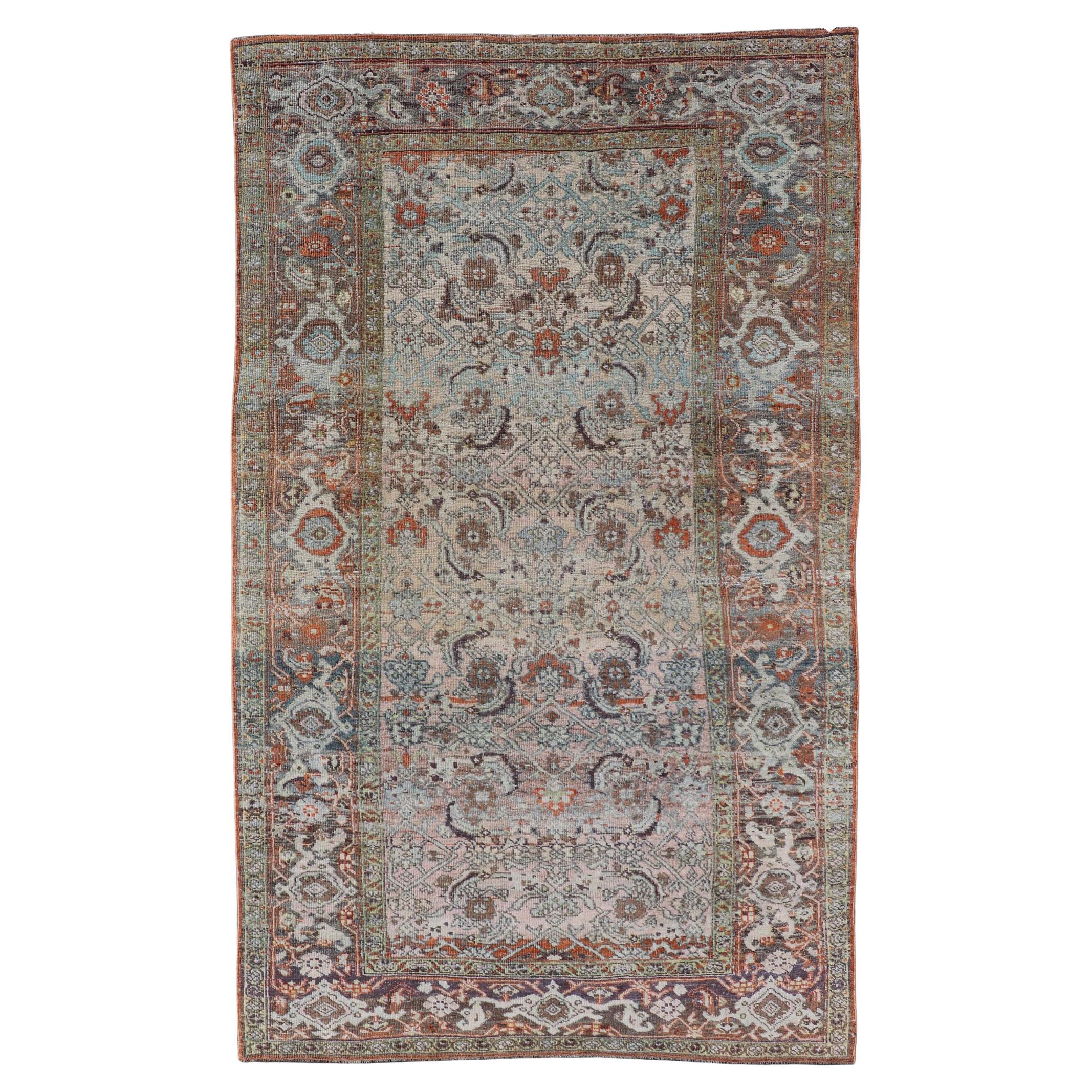 Bidjar Tapis persan ancien à motifs floraux et géométriques complexes 4'6 x 8'1 en vente