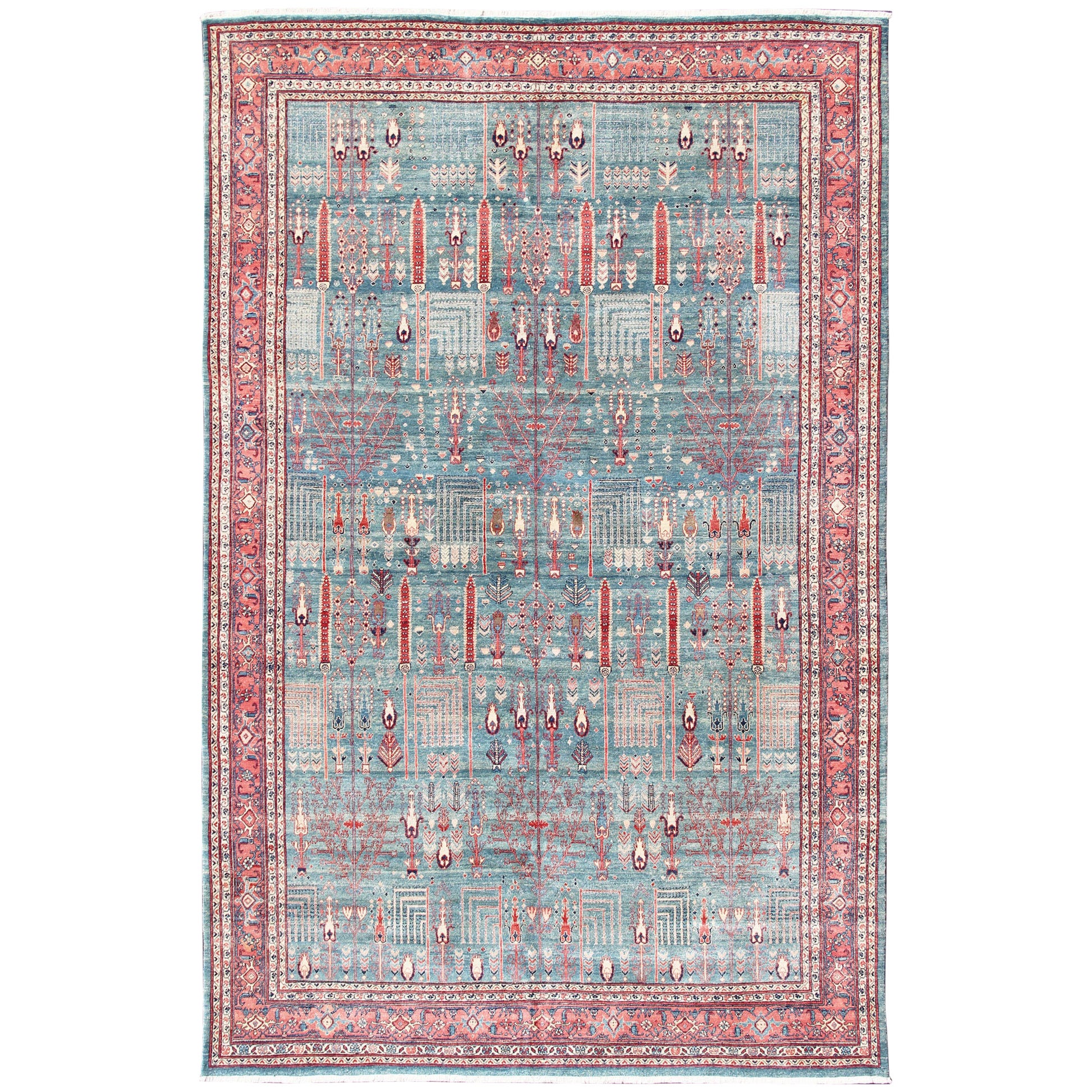 Tapis Bidjar Design avec fond bleu ciel et motifs de jardins complexes11'9 x 18'0 en vente