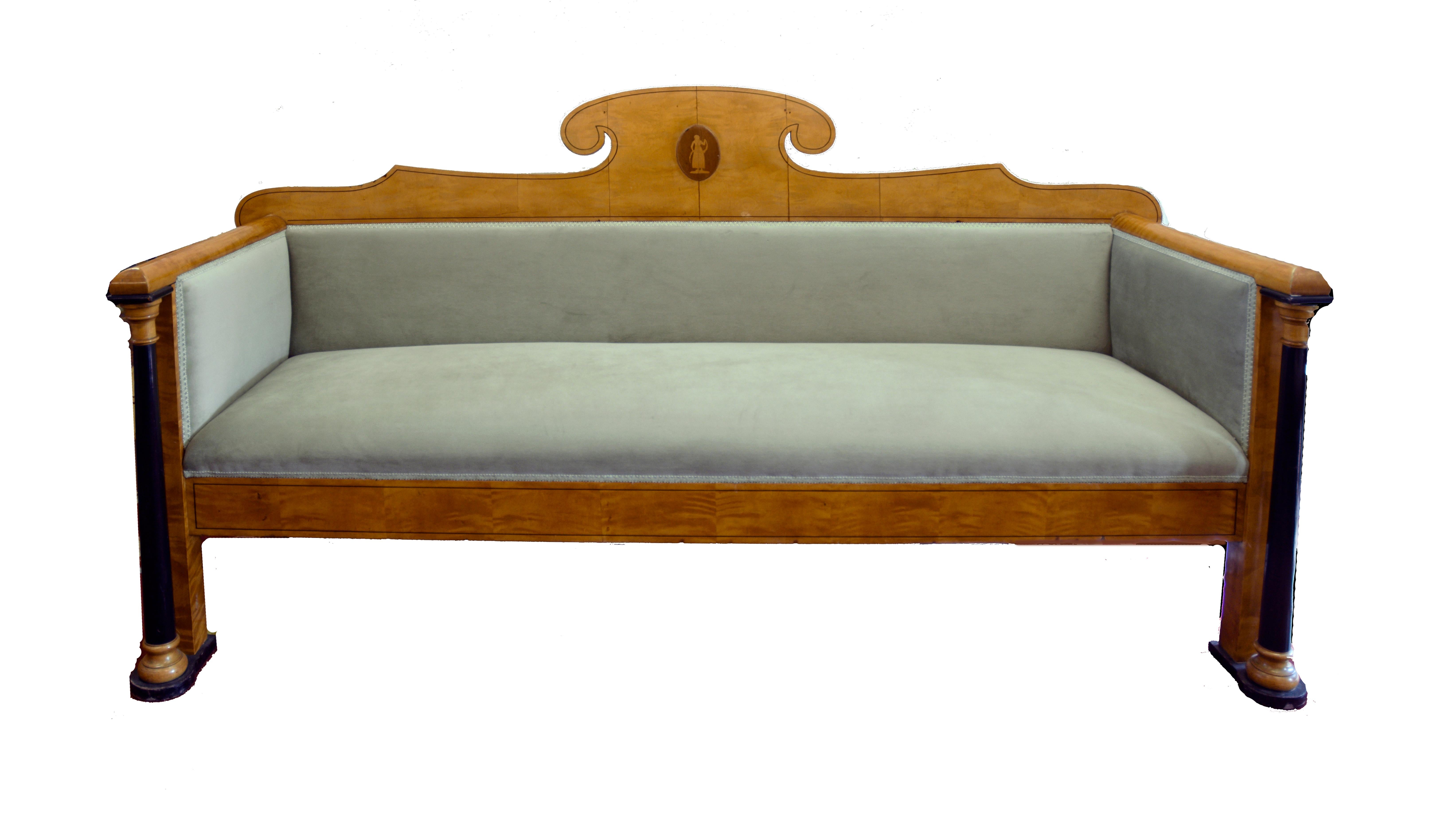 Wonderful lines on this Swedish style Biedermeier period sofa or bench. Lovely crushed velvet in pale green. Maple construction with the flourishes of black lacquer finish. Size 82