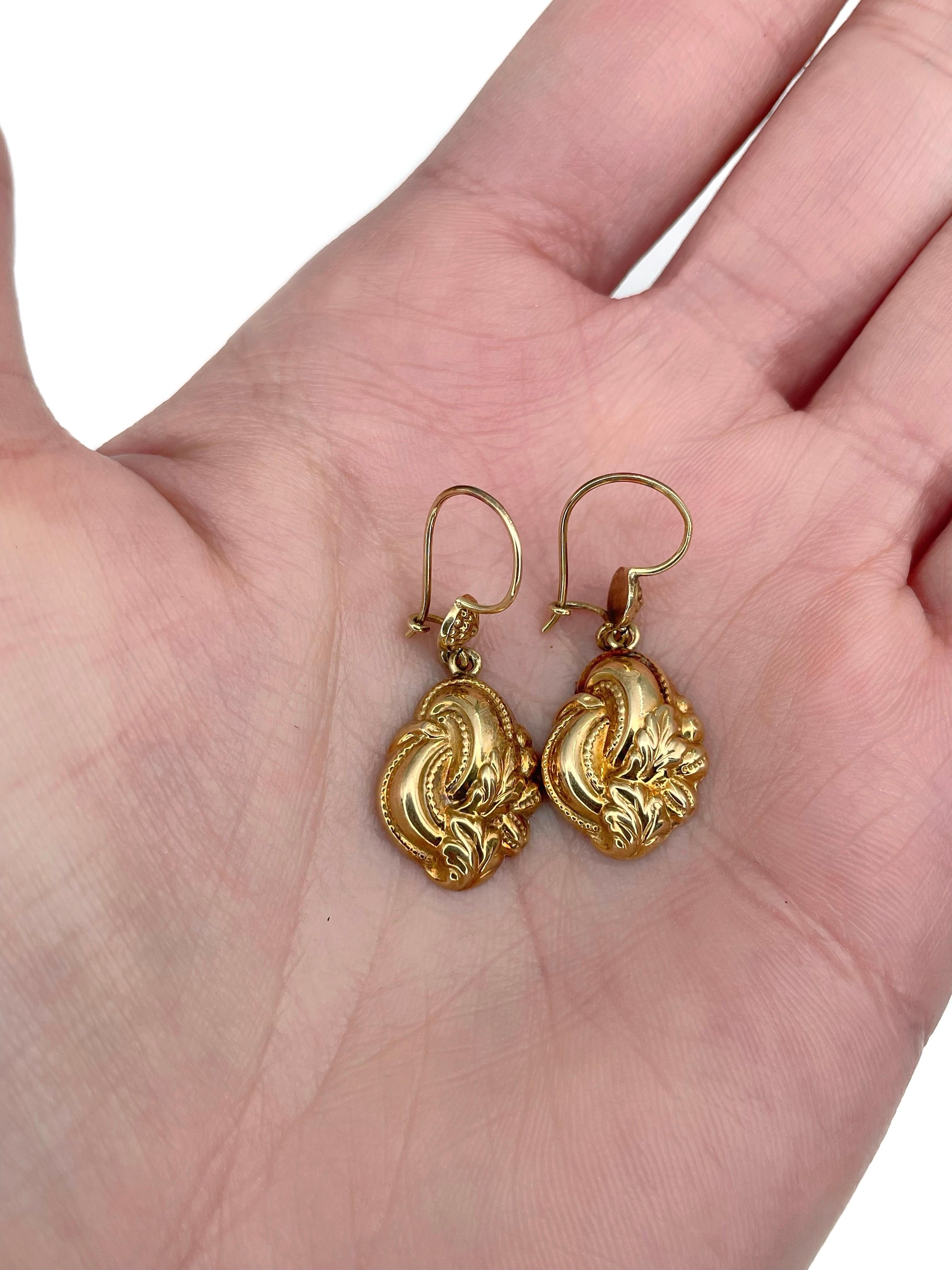 Women's Biedermeier 14 Karat Gold Floral Design Dangle Earrings