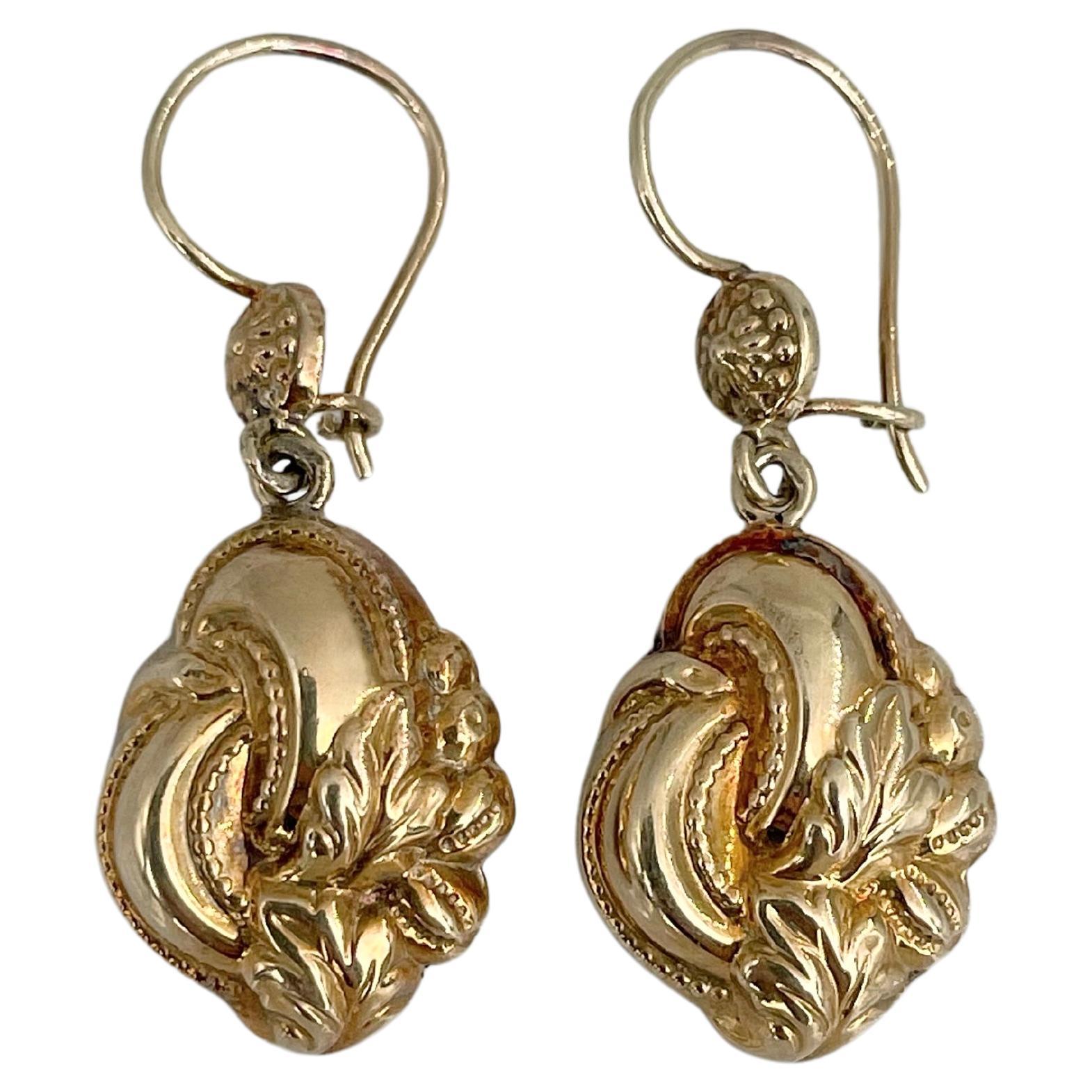 Biedermeier 14 Karat Gold Floral Design Dangle Earrings