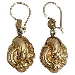 Antique Biedermeier 14 Karat Gold Floral Design Dangle Earrings