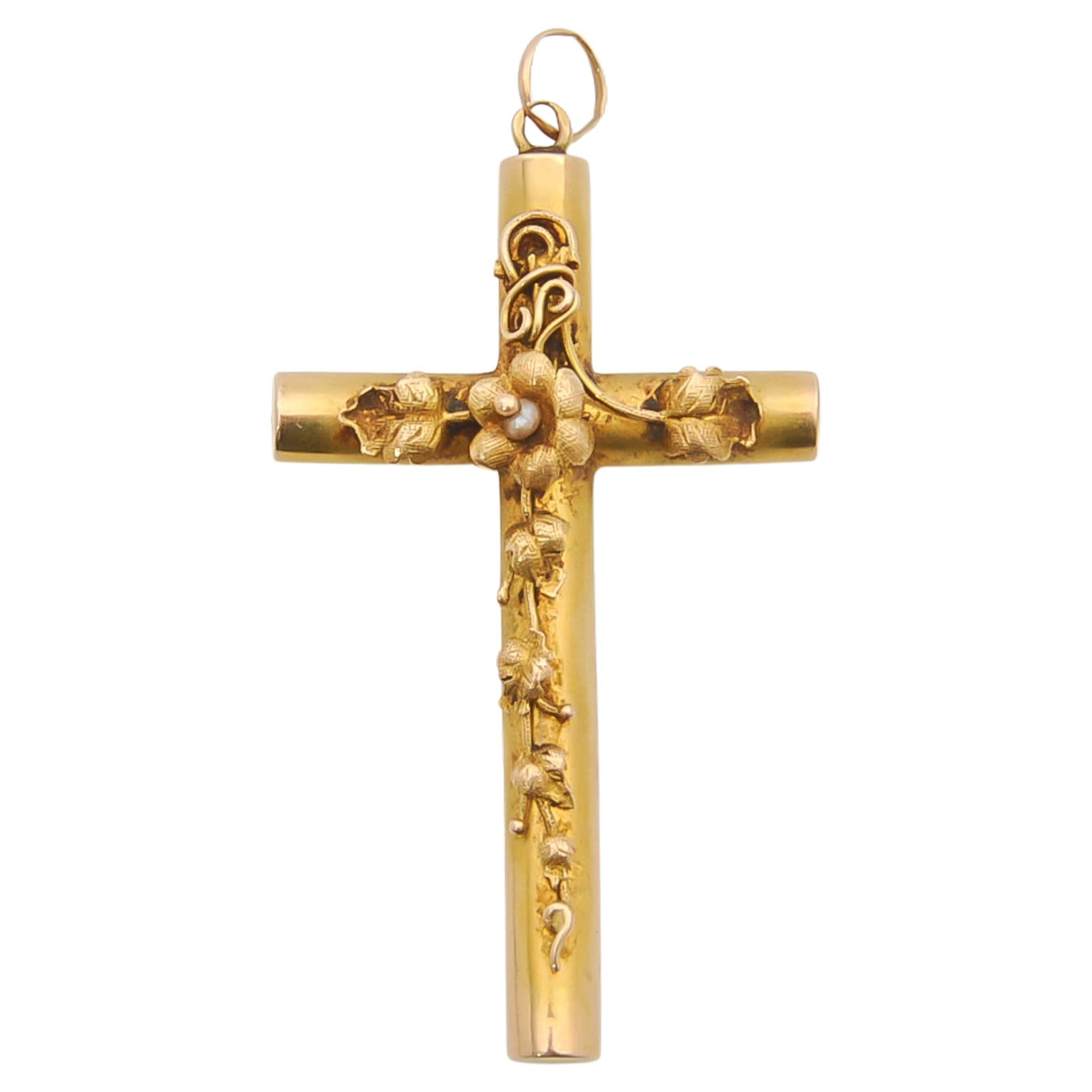 Antique Victorian Gold and Seed Pearl Cross Pendant