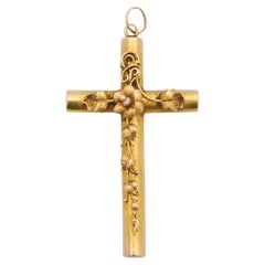 Late Victorian Seed Pearl 14 Karat Gold Religious Cross Pendant