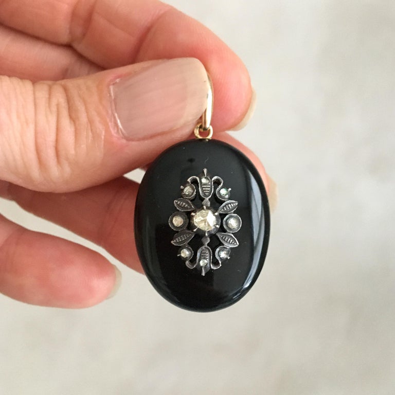 Rose Cut Late Victorian Diamond and Onyx Mourning Locket Pendant For Sale
