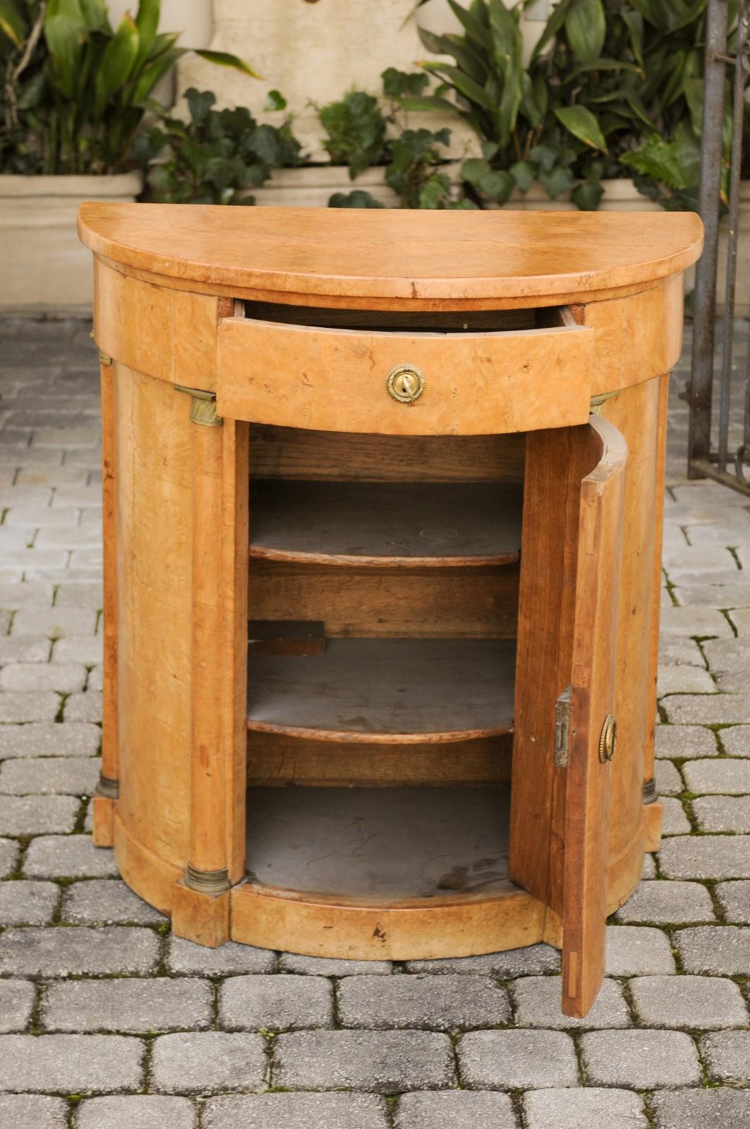 Biedermeier 1840s Birch Bow Front Cabinet with Bronze Capitals, Drawer and Door 1