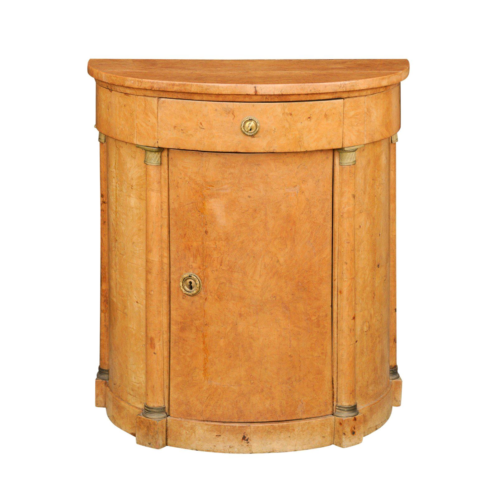 Biedermeier 1840s Birch Bow Front Cabinet with Bronze Capitals, Drawer and Door