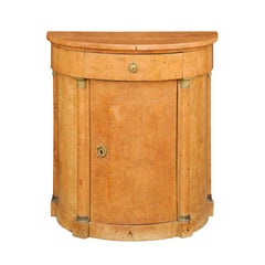 Biedermeier 1840s Birch Bow Front Cabinet with Bronze Capitals, Drawer and Door