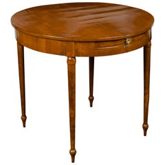 Antique Biedermeier 1840s Walnut Table with Round Top, One Drawer and Cylindrical Legs