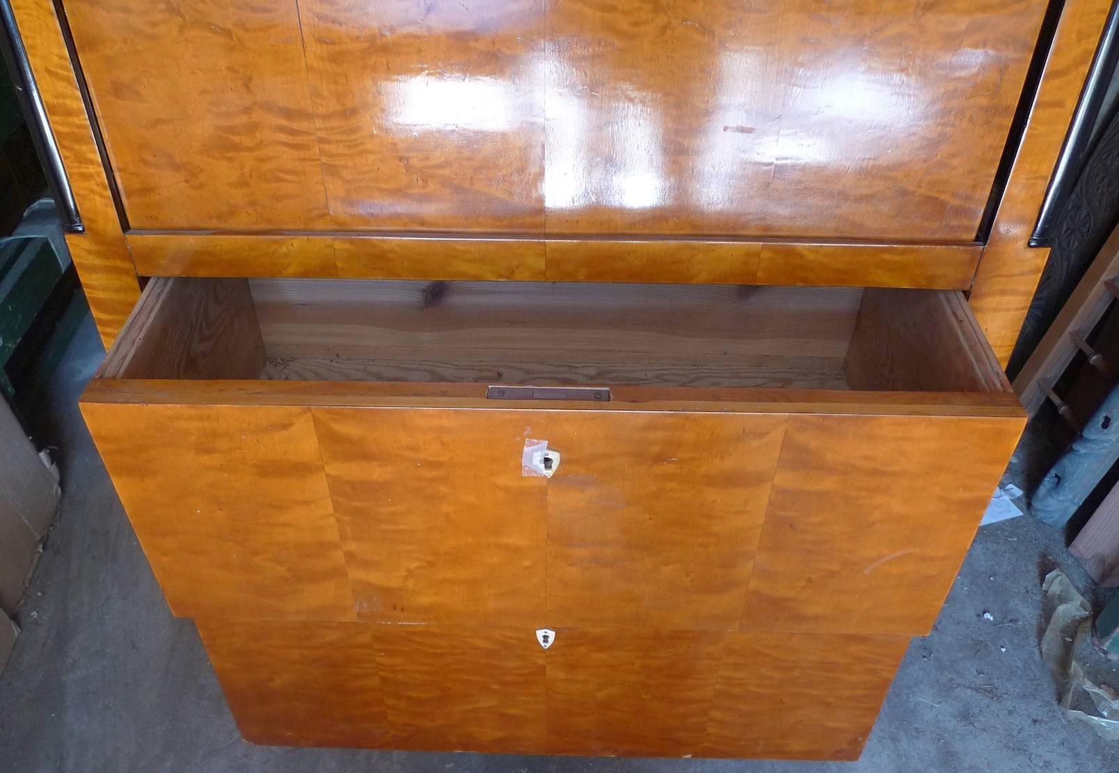 French Biedermeier 1930s Drop-Leaf Desk or Bar with Double Cabinets and 2 Large Drawers