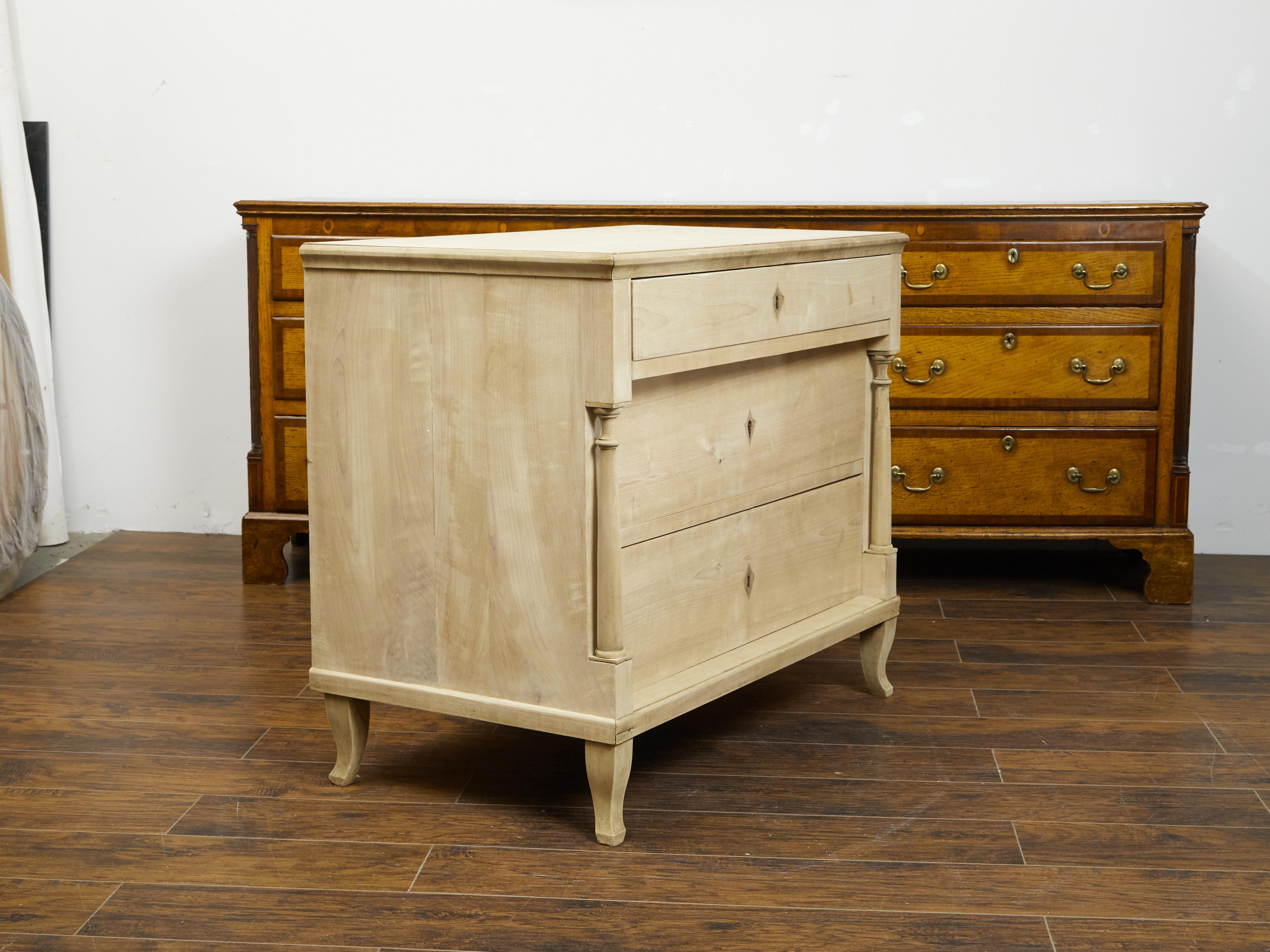 Biedermeier 19th Century Bleached Three-Drawer Commode with Petite Columns 4
