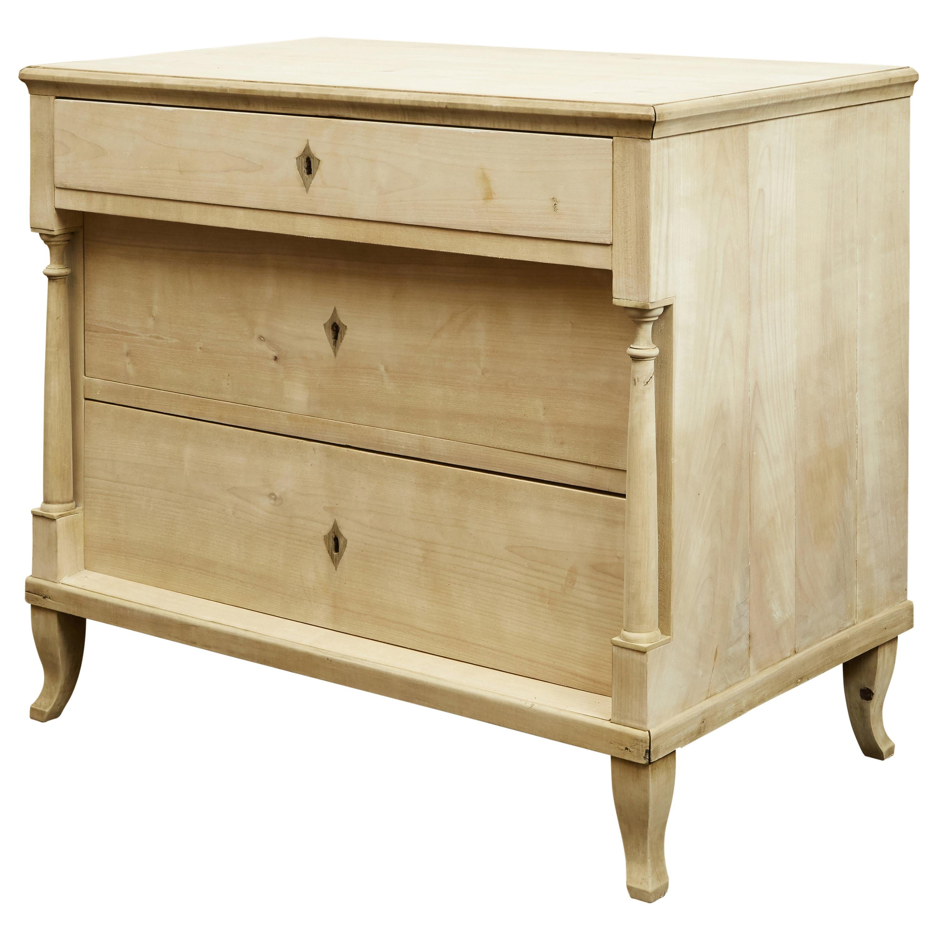 Biedermeier 19th Century Bleached Three-Drawer Commode with Petite Columns