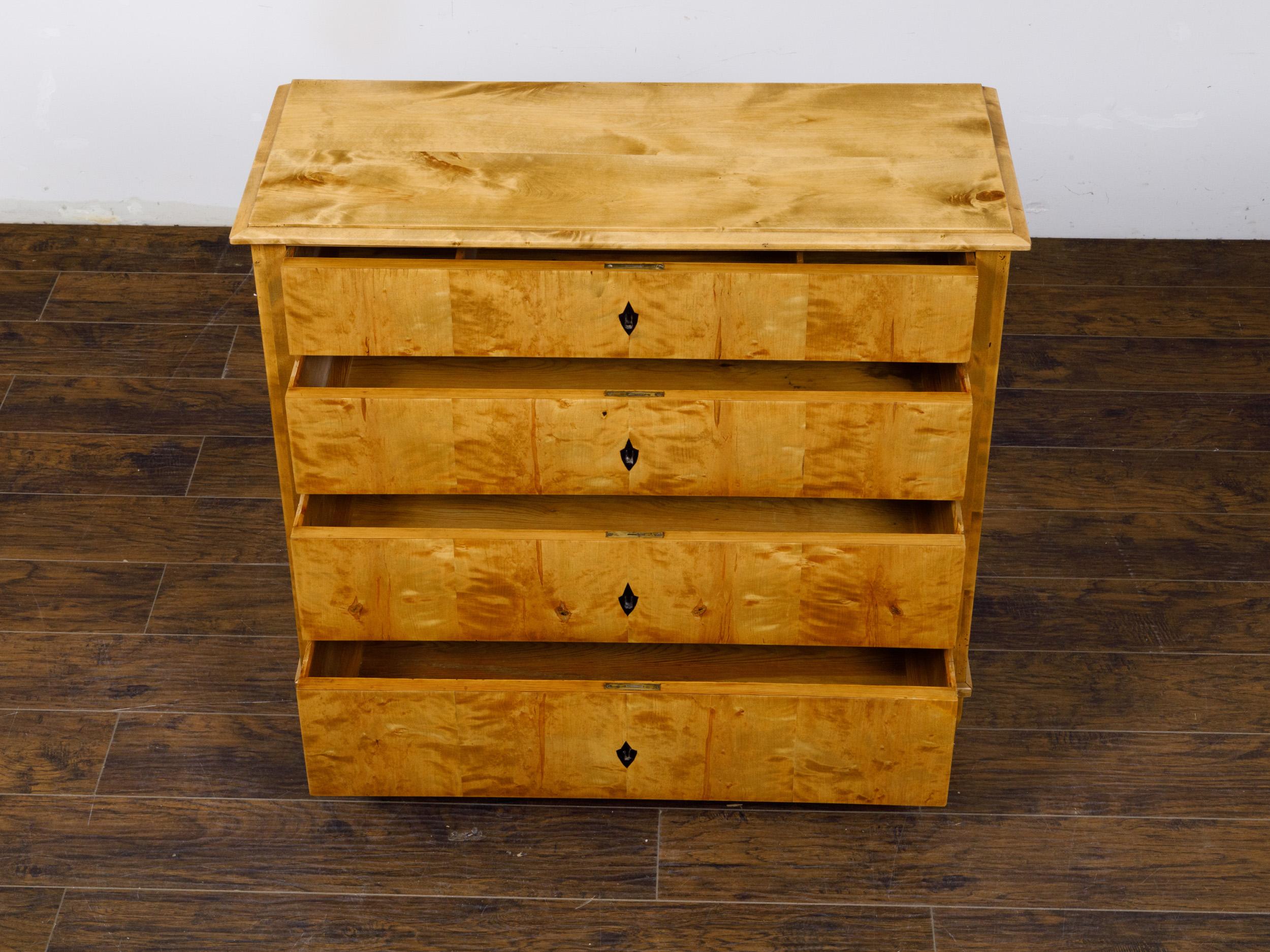 Biedermeier 19th Century Maple Wood Four-Drawer Chest with Inlaid Escutcheon 3