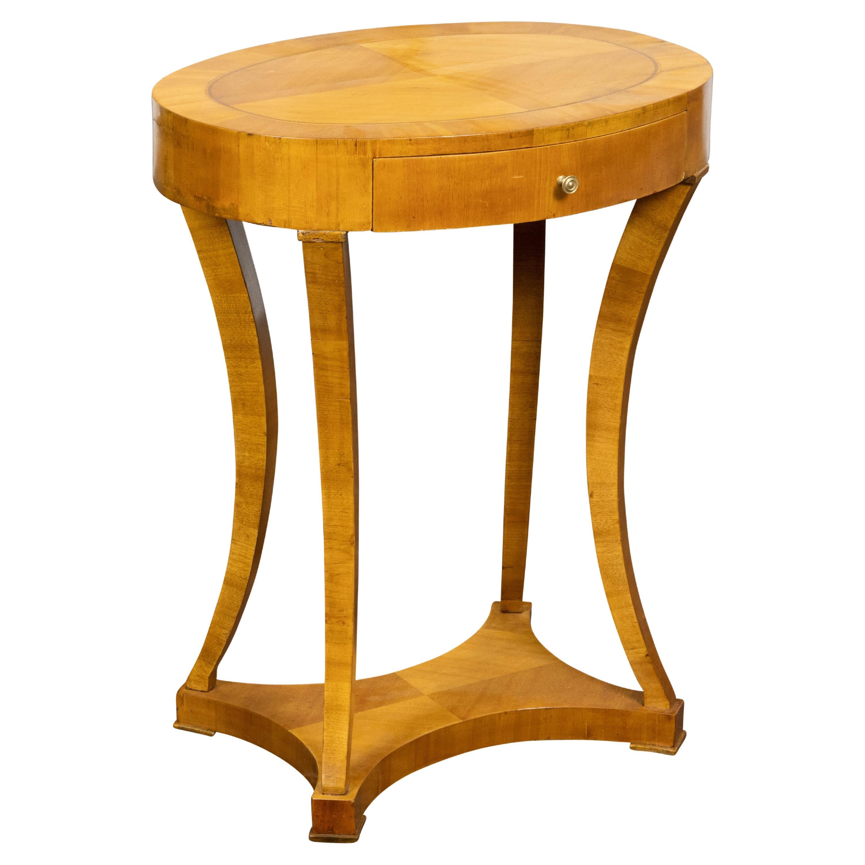 Biedermeier 19th Century Walnut Accent Table with Oval Top and Quarter Veneer For Sale