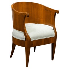 Biedermeier 19th Century Walnut Barrel Back Armchair with New Upholstery