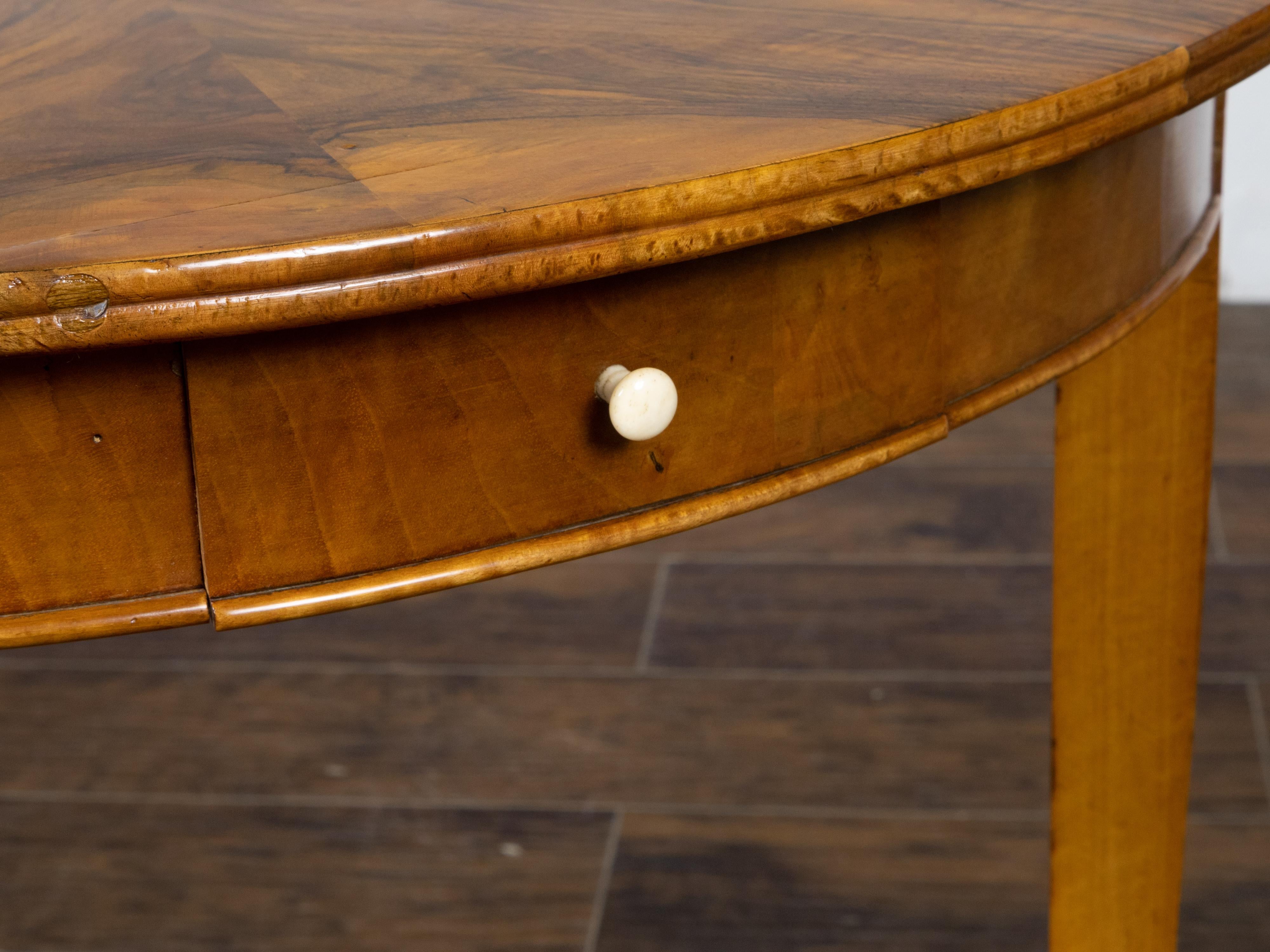 Biedermeier 19th Century Walnut Demilune Table with Veneered Top and Two Drawers 8