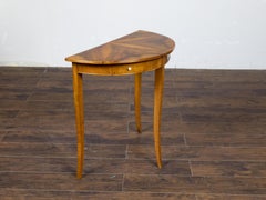 Biedermeier 19th Century Walnut Demilune Table with Veneered Top and Two Drawers