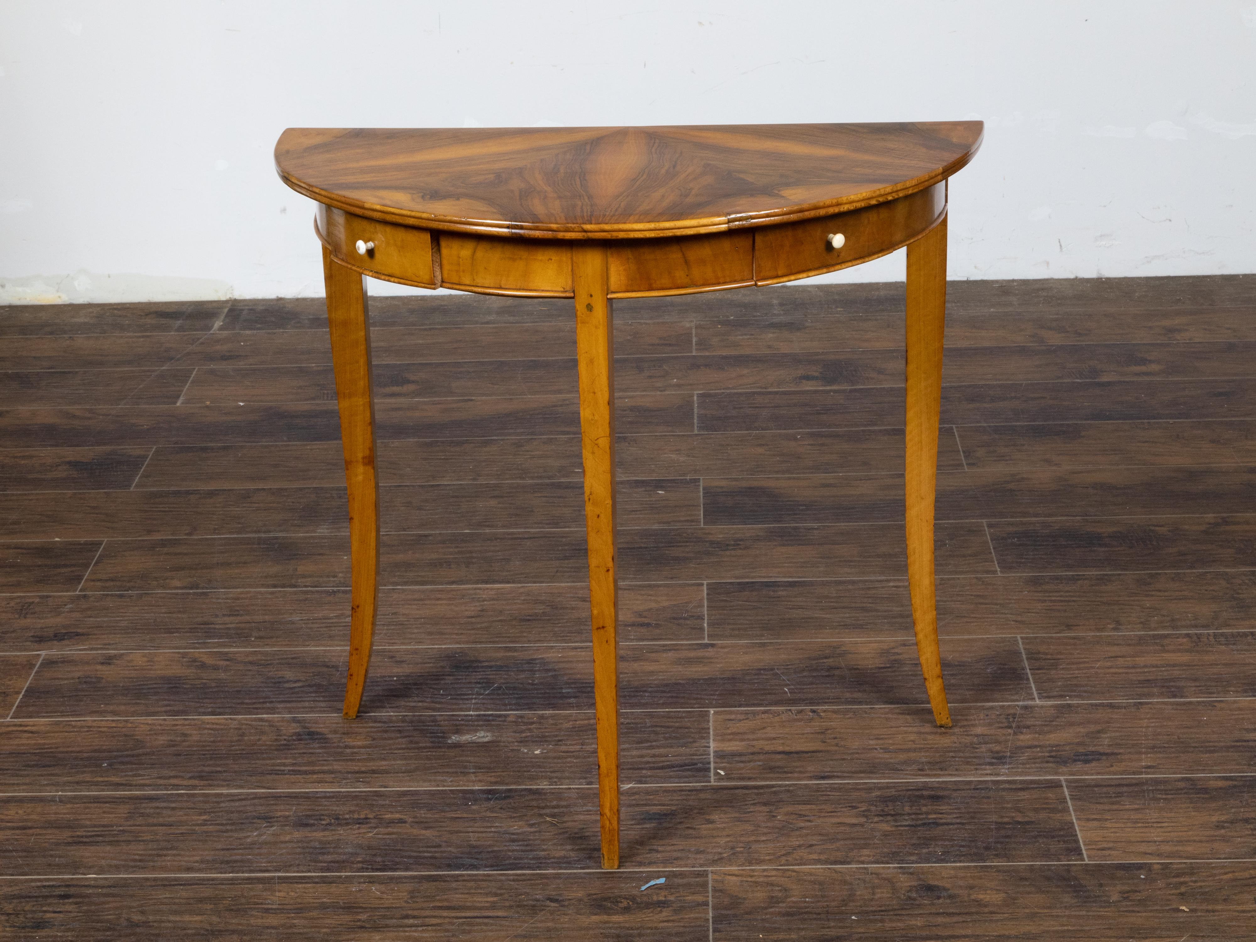 Austrian Biedermeier 19th Century Walnut Demilune Table with Veneered Top and Two Drawers