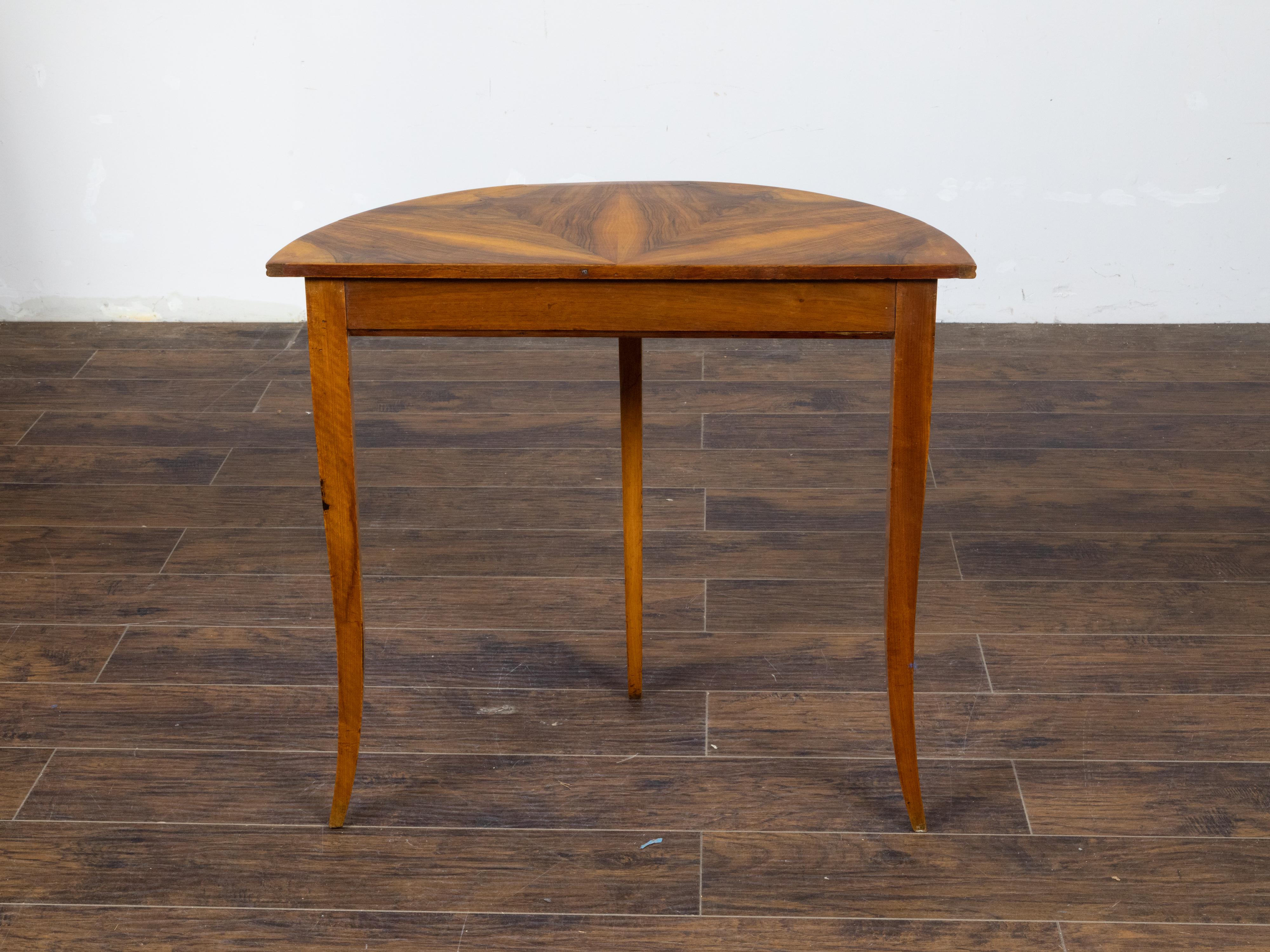 Biedermeier 19th Century Walnut Demilune Table with Veneered Top and Two Drawers 1