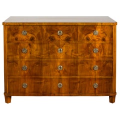 Biedermeier 19th Century Walnut Four-Drawer Commode with Butterfly Veneer