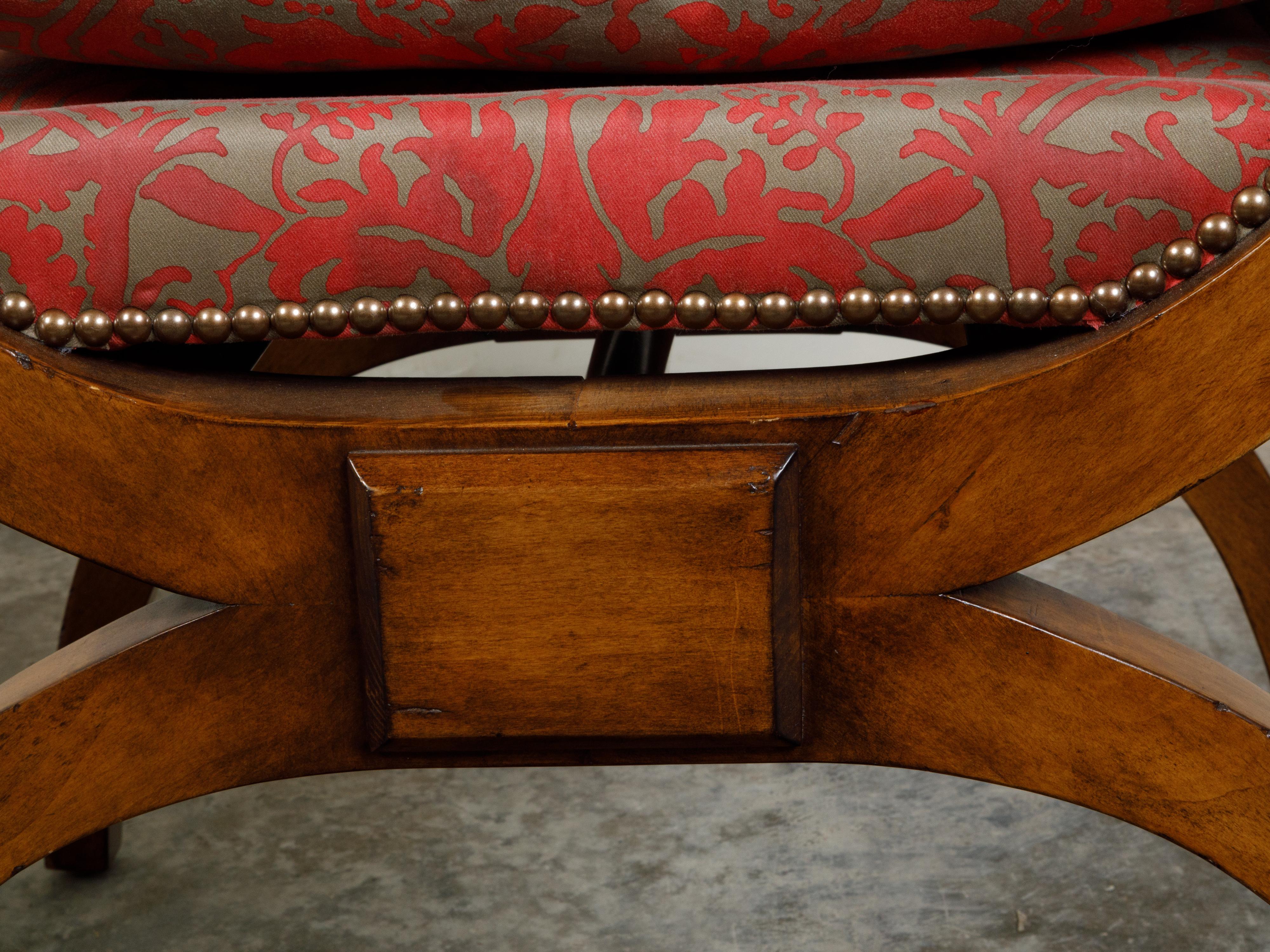 Biedermeier 19th Century X-Form Stool with Out-Scrolling Arms and Cushion For Sale 4