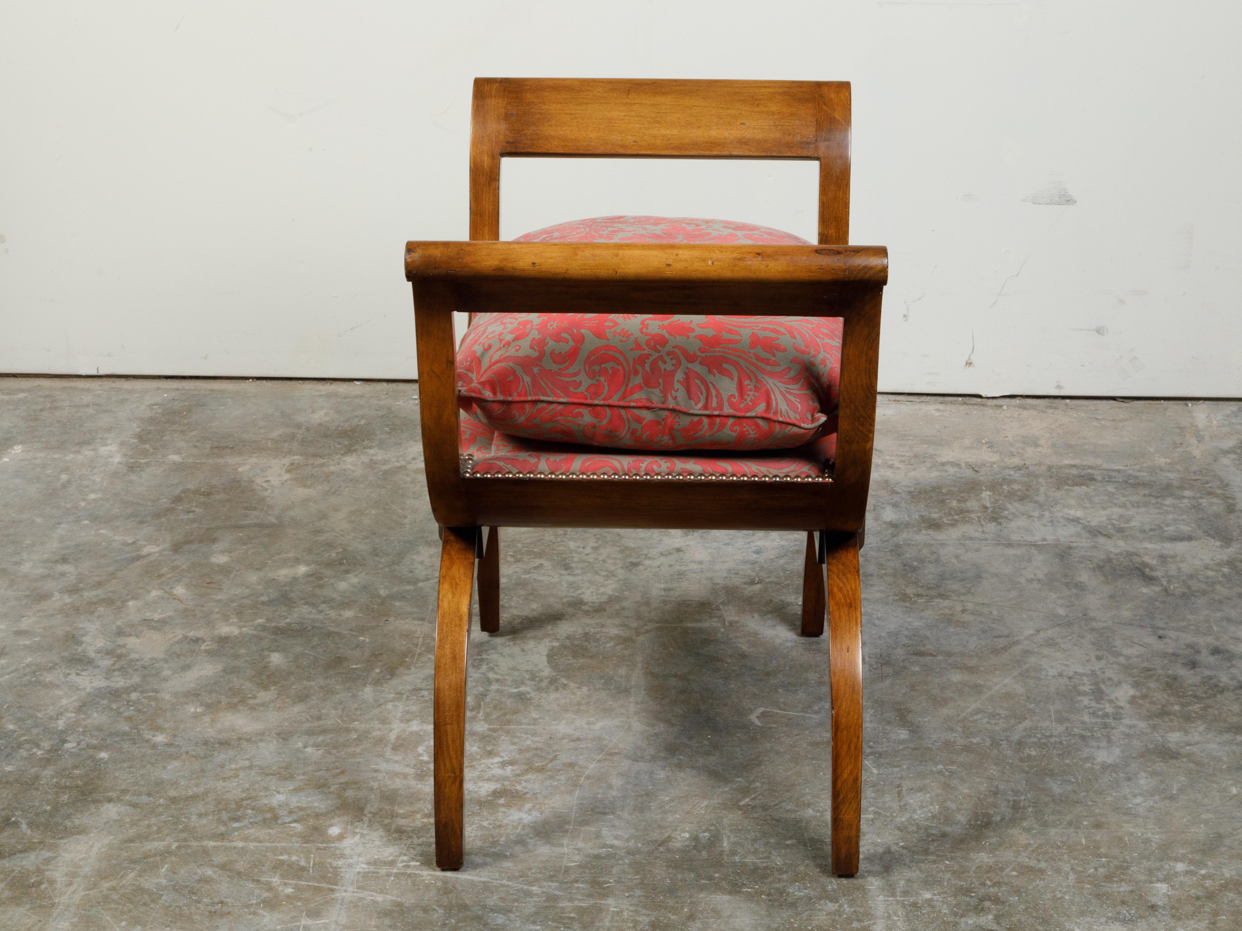 Austrian Biedermeier 19th Century X-Form Stool with Out-Scrolling Arms and Cushion For Sale