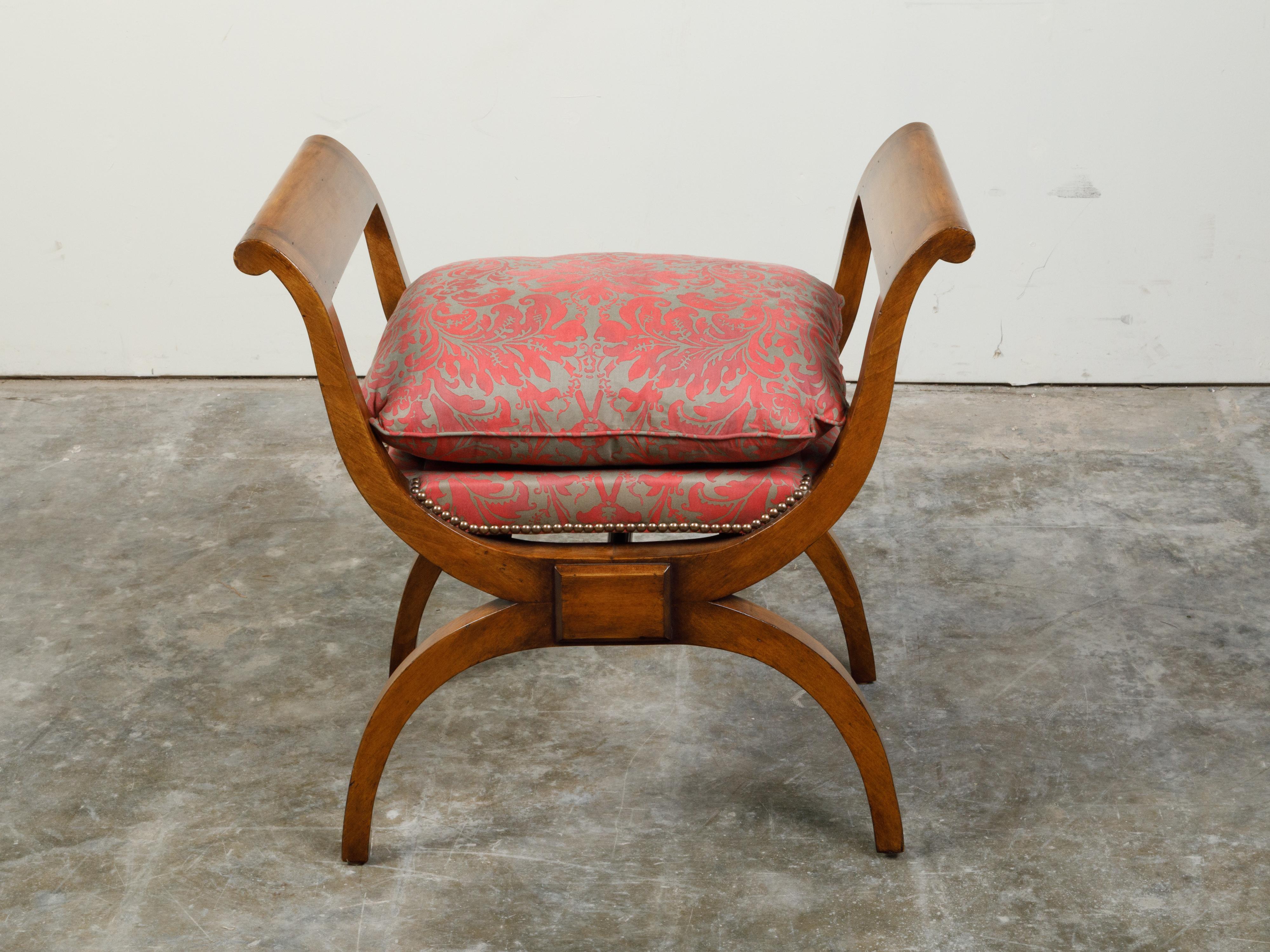Biedermeier 19th Century X-Form Stool with Out-Scrolling Arms and Cushion In Good Condition For Sale In Atlanta, GA