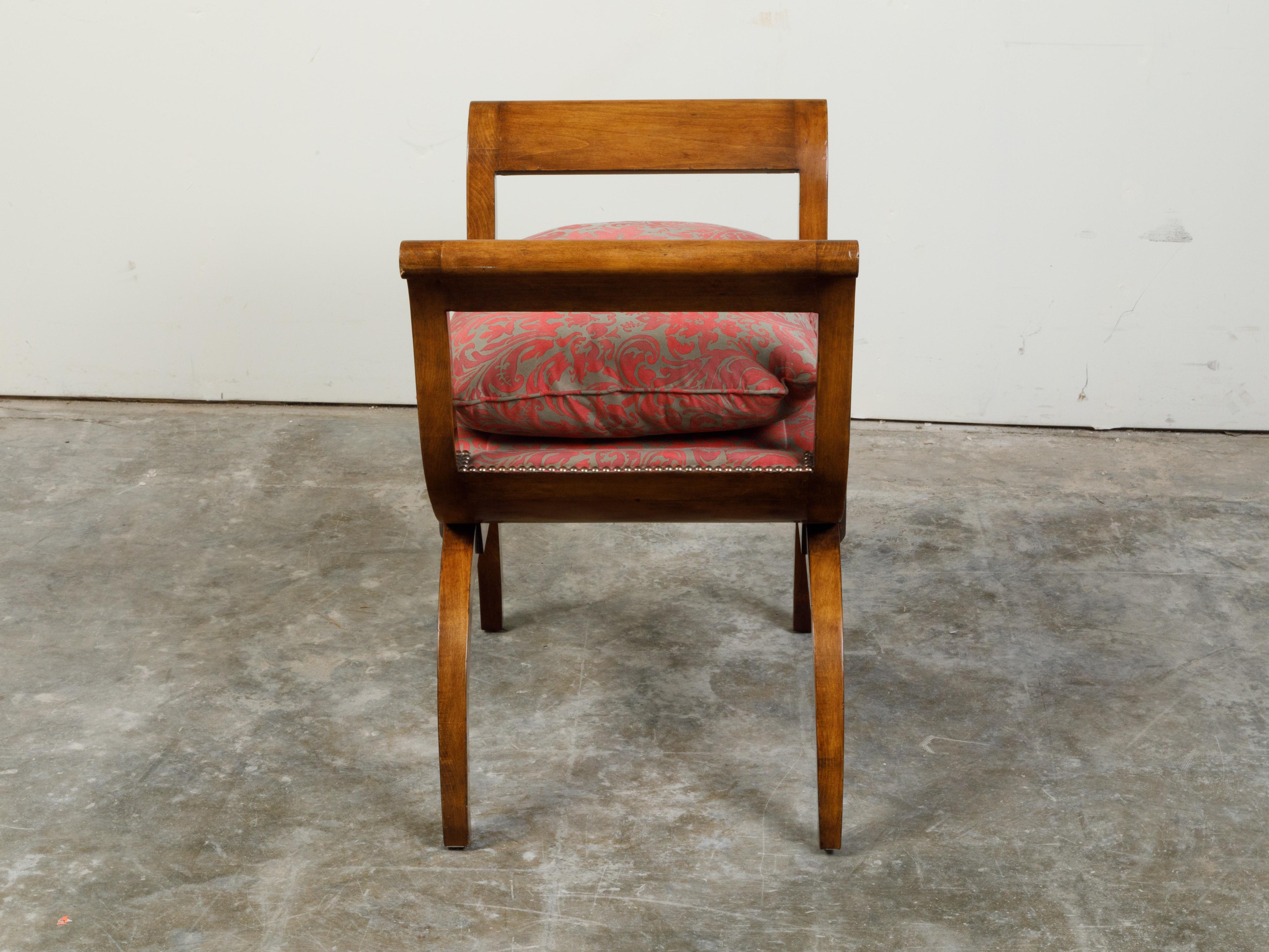 Upholstery Biedermeier 19th Century X-Form Stool with Out-Scrolling Arms and Cushion For Sale