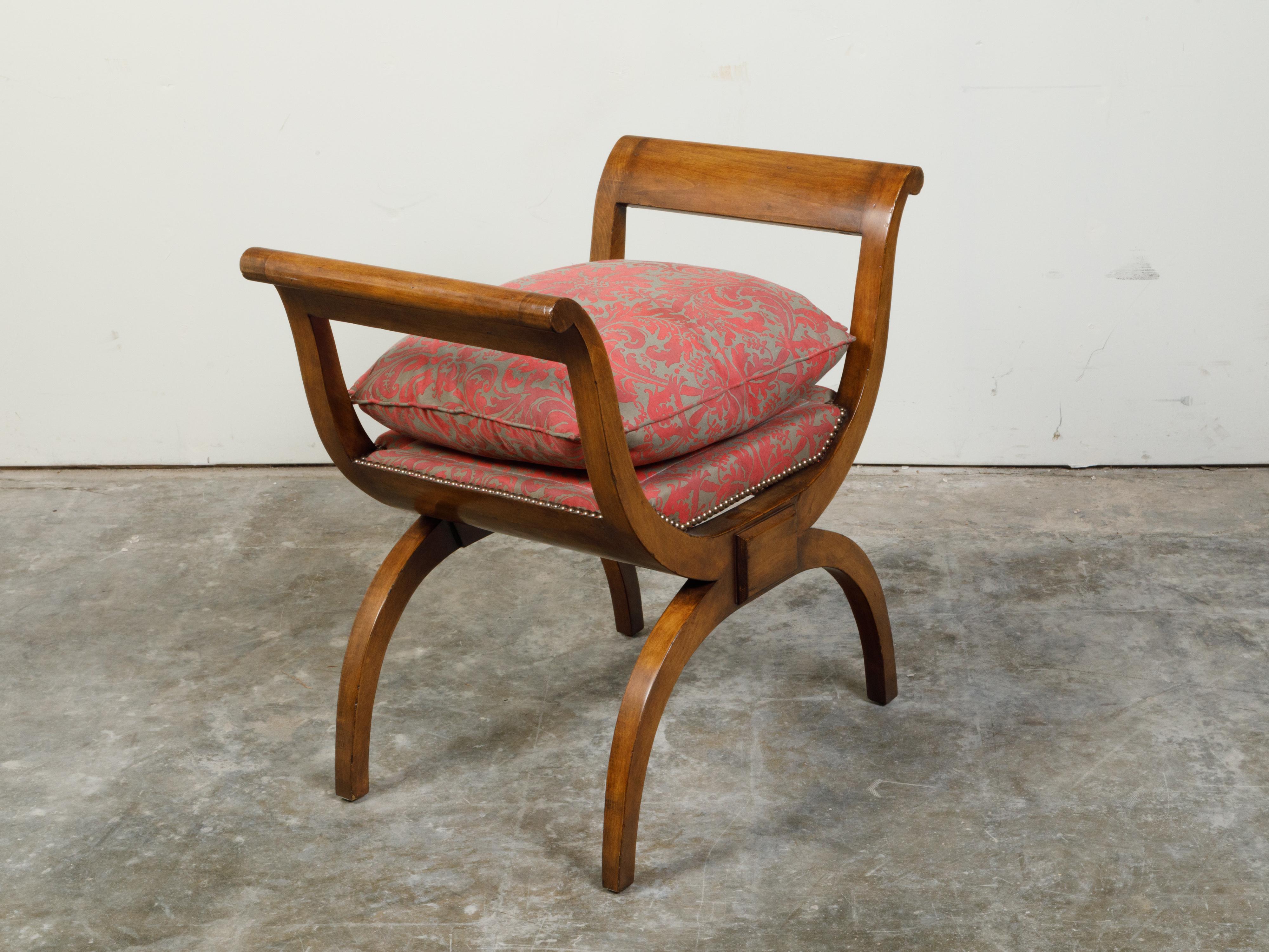 Biedermeier 19th Century X-Form Stool with Out-Scrolling Arms and Cushion For Sale 1