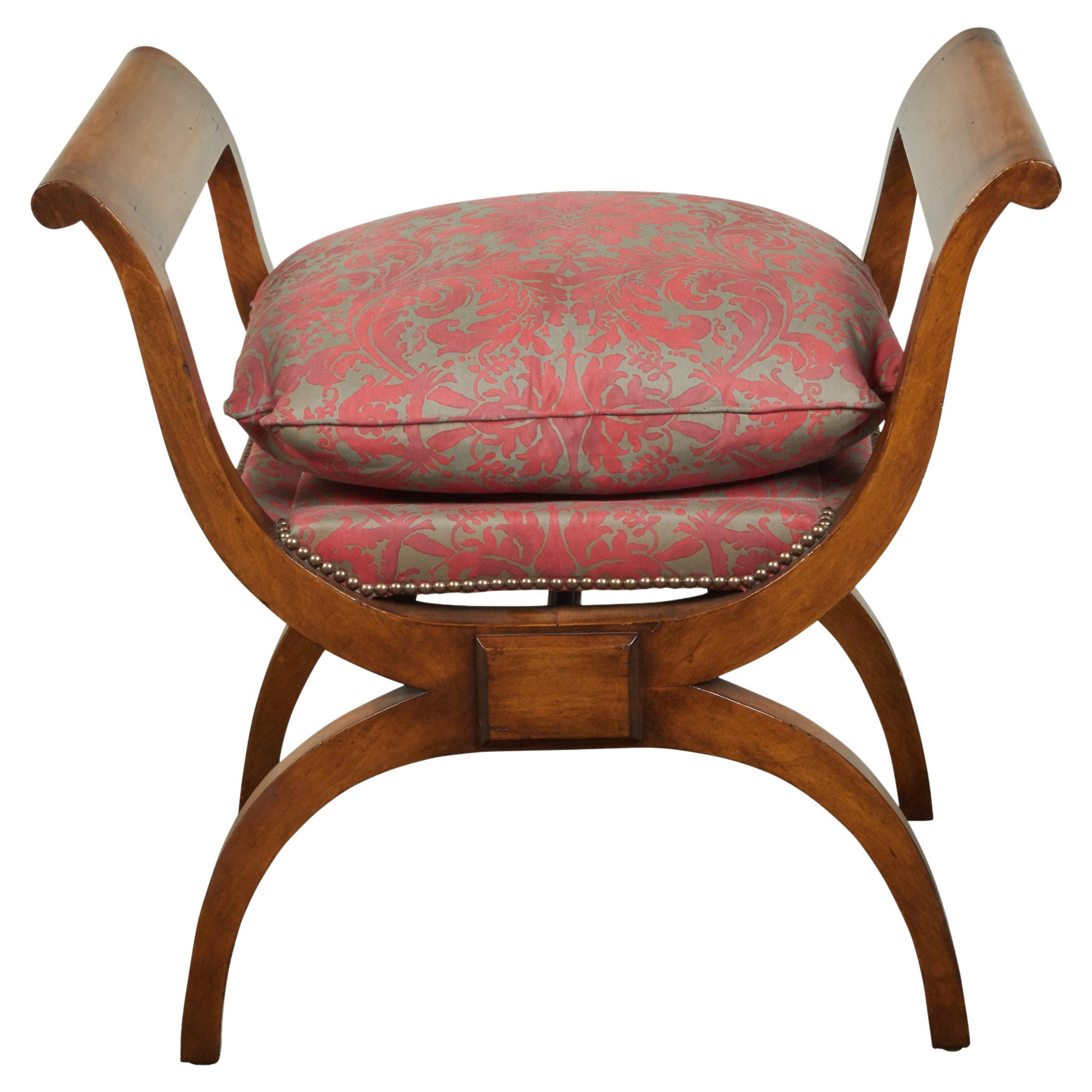 Biedermeier 19th Century X-Form Stool with Out-Scrolling Arms and Cushion