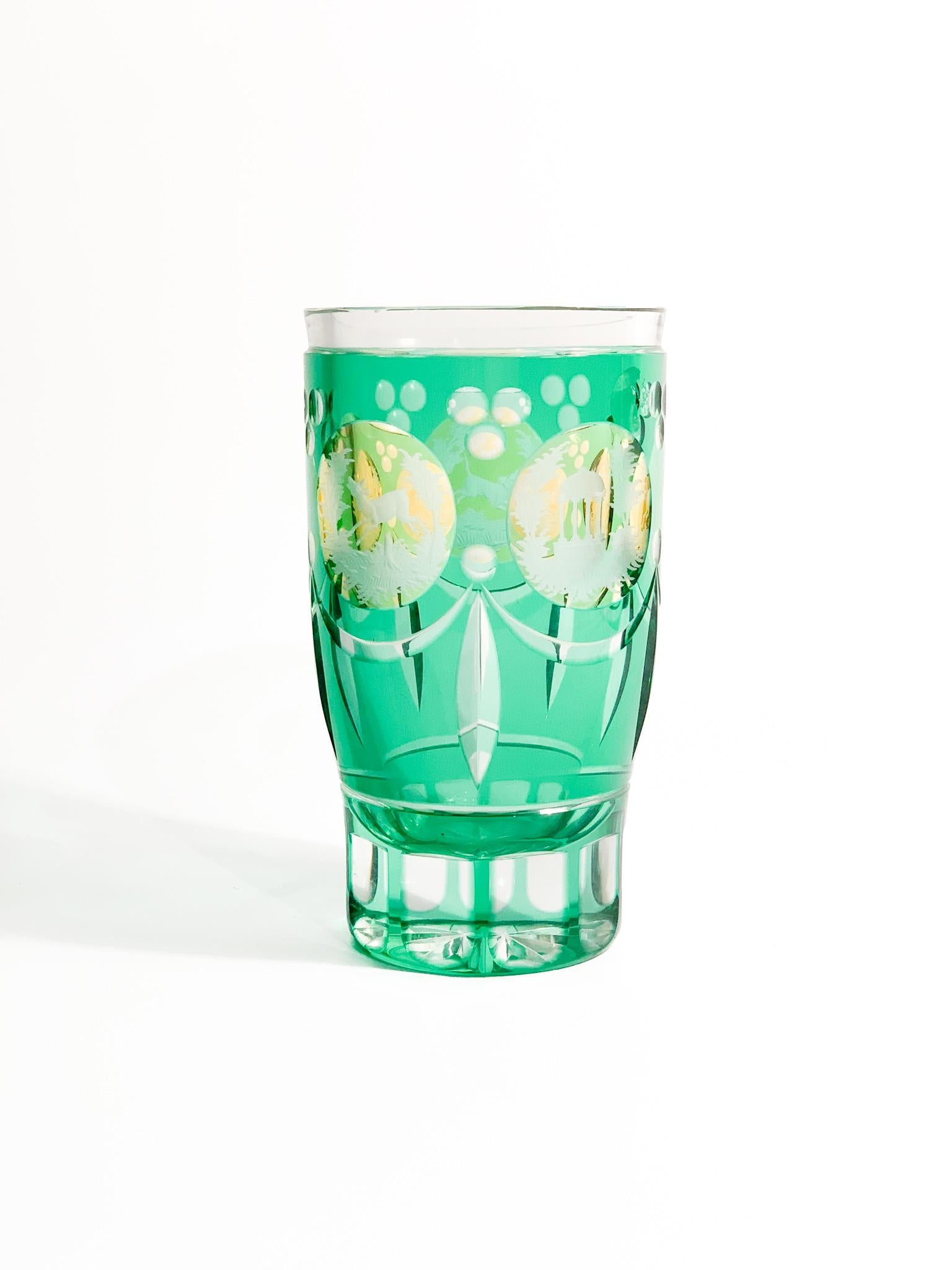 Green and yellow Biedermeier crystal glass, acid decorated and made in 1800

Ø cm 8 h cm 15

Biedermeier is was an artistic movement that developed between 1815 and 1848. The term initially spread as a derogatory term. Consisting of two words: the