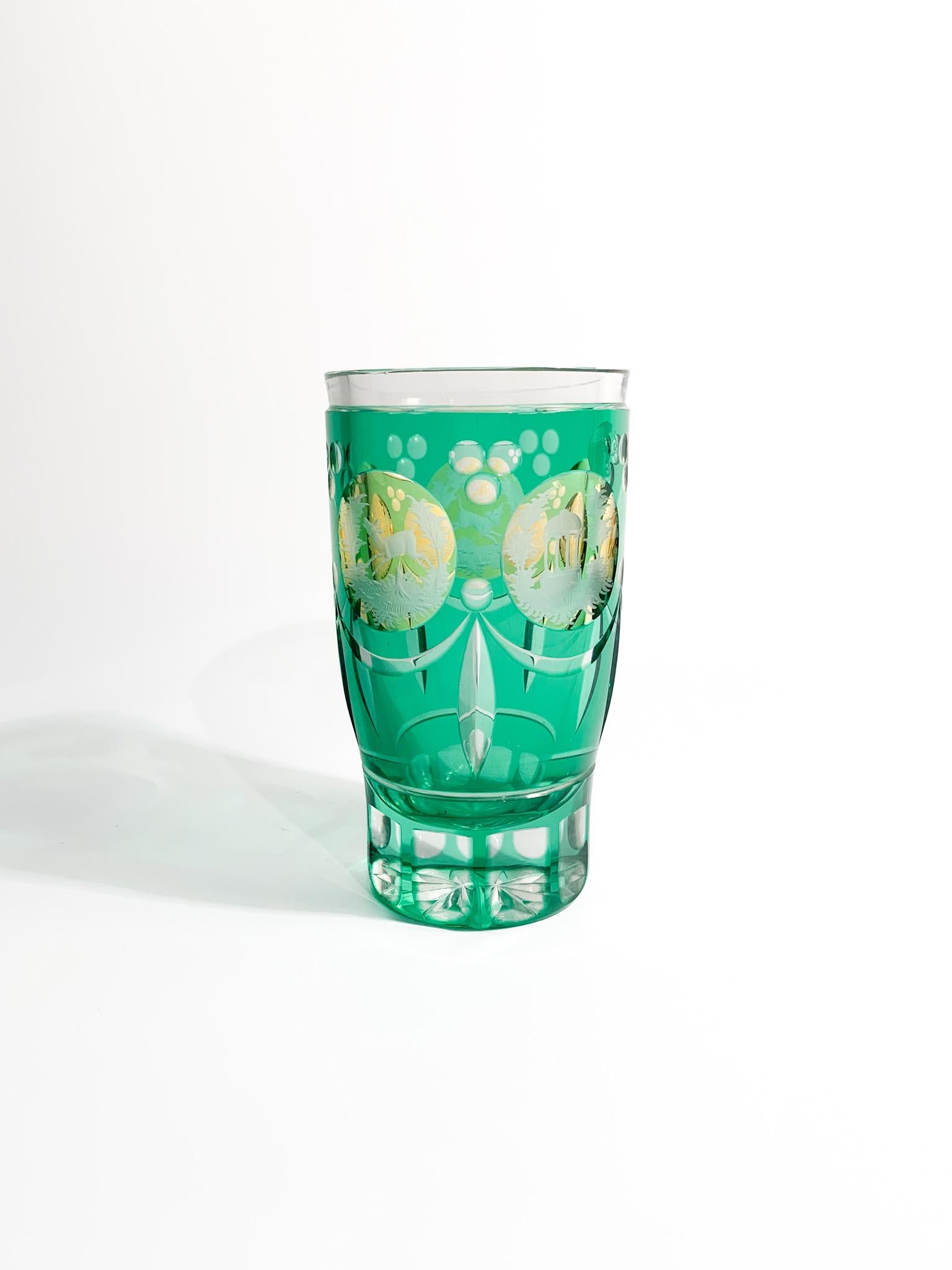 German Biedermeier Acid-decorated Green and Yellow Crystal Glass from the 19th Century