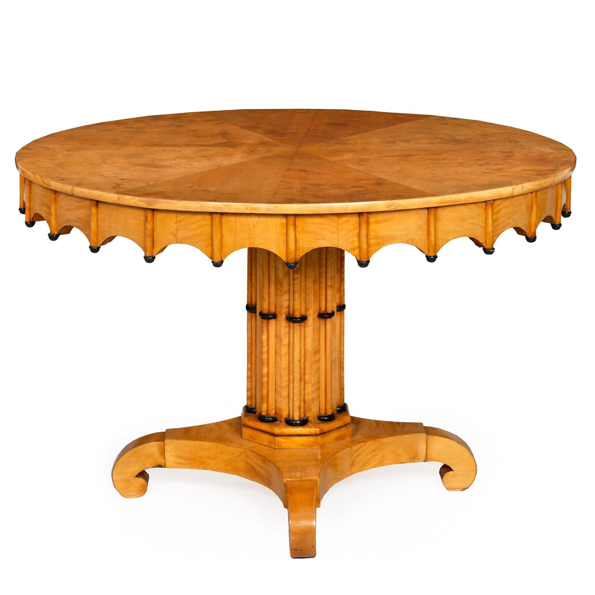 BIEDERMEIER CIRCULAR BIRCHWOOD AND PARCEL-EBONIZED CENTER TABLE
Northern Europe circa 1830
Item # 306DPQ14A 

This Biedermeier period center table features a very sleek and rather whimsical design, the simple circular top set with twelve rays of