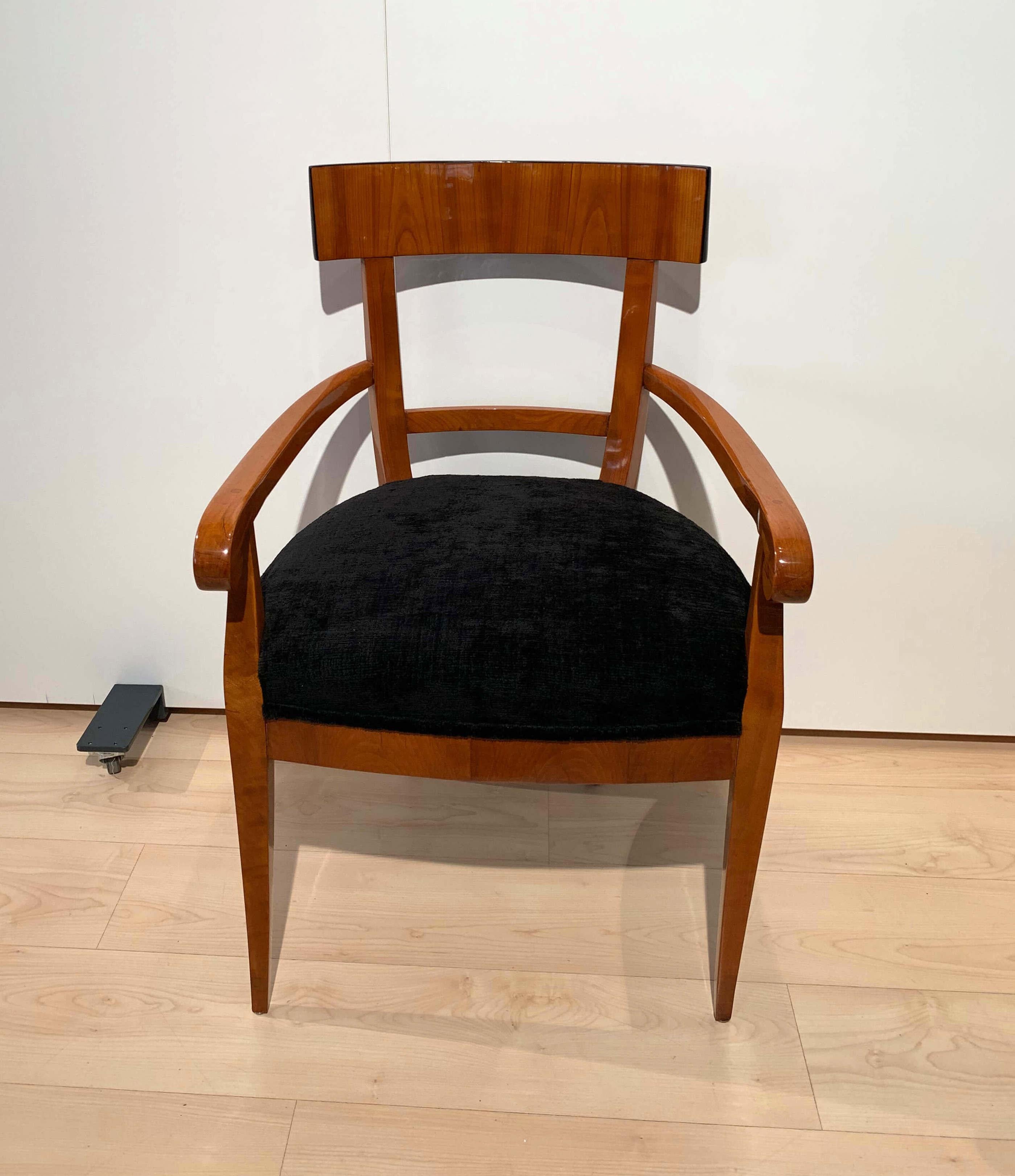 Polished Biedermeier Armchair, Cherry Wood, Black Velvet, South Germany, circa 1830