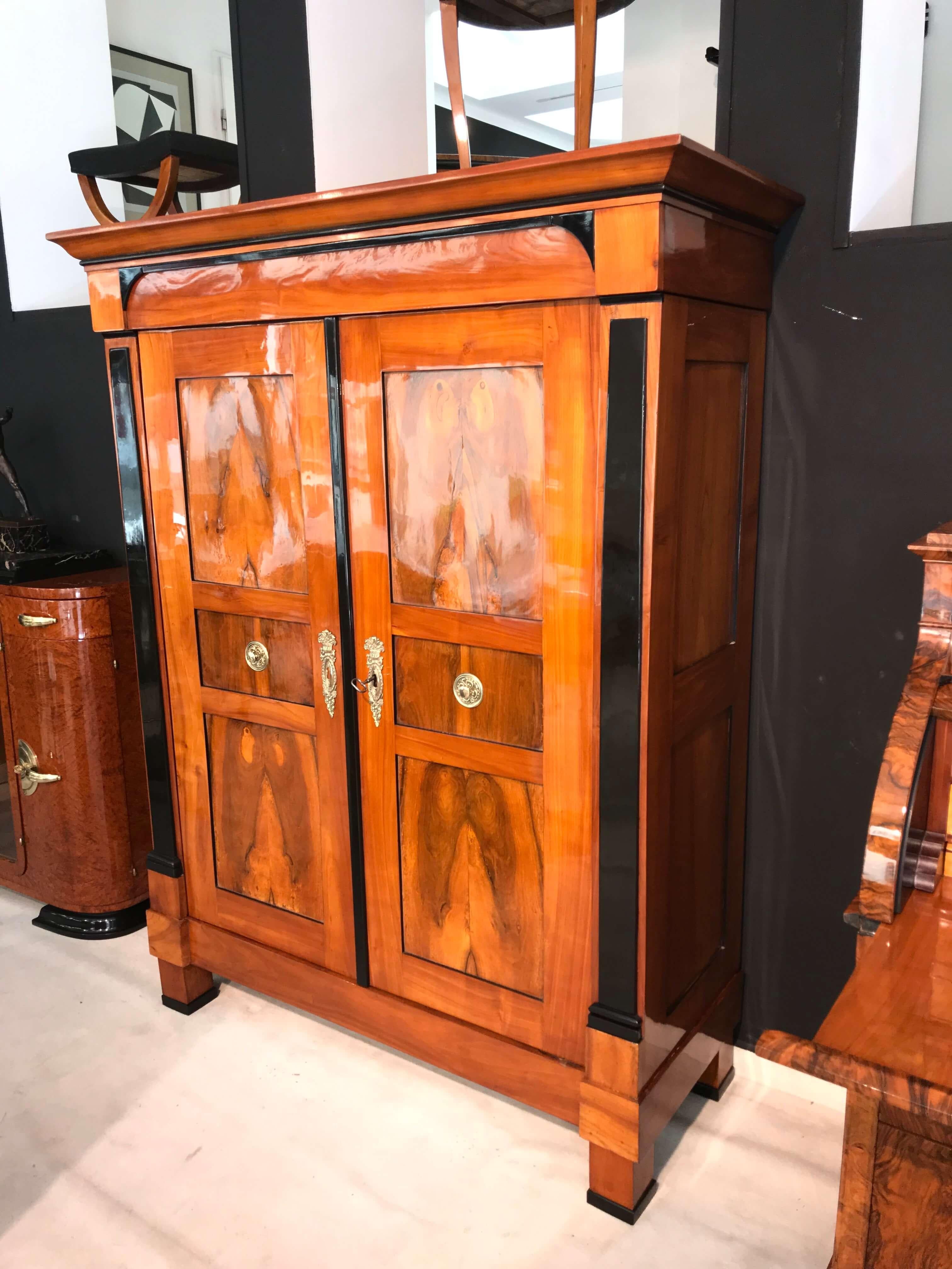 Ebonized Biedermeier Armoire, Brass, Cherry and Walnut, Southwest Germany, circa 1820