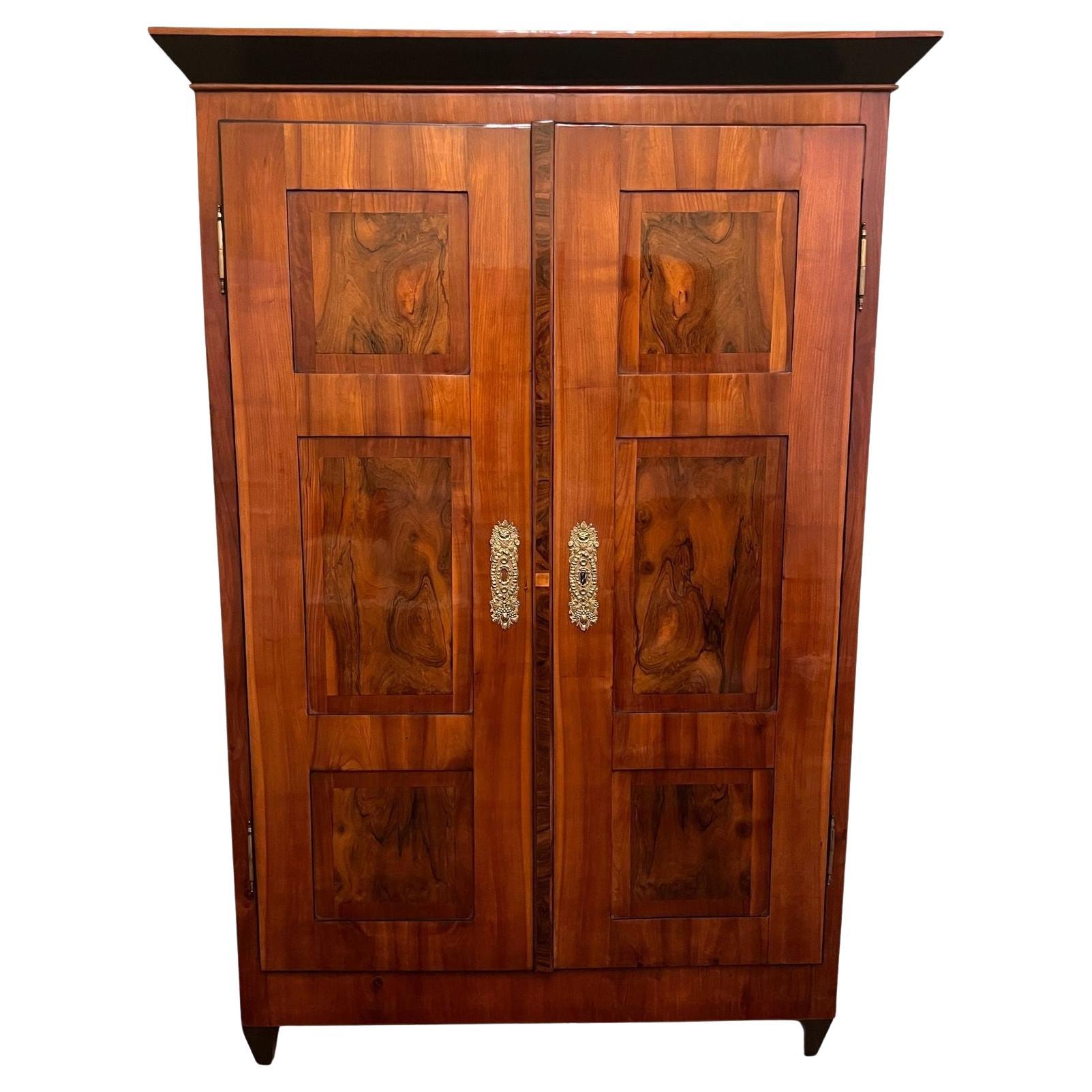 Biedermeier Armoire, Cherry, Walnut, Ebony, Brass, South Germany, circa 1820 For Sale